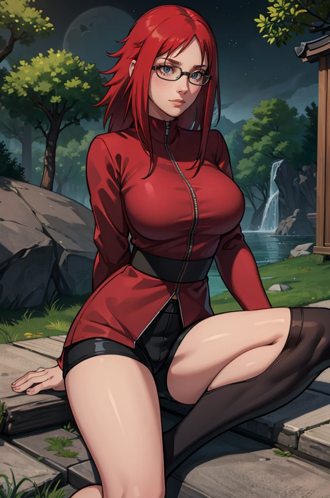 (masterpiece:1.2, best quality:1.2, beautiful, high quality, highres:1.1), detailed, extremely detailed 4K, perfect eyes, perfect face, perfect lighting, (1girl, solo, adult female, mature female), thin, lithe body, 
karin, long red hair, red eyes, glasses, (big breasts), sitting
(red shirt), black bike shorts, black stockings, combat gloves, red ey color, cute looking, embarrassed 
(outside, trees, japanese village background:1.2), closed clothes, closed zipper shirt, ((((sensual seductive, busty)))),  high quality, 