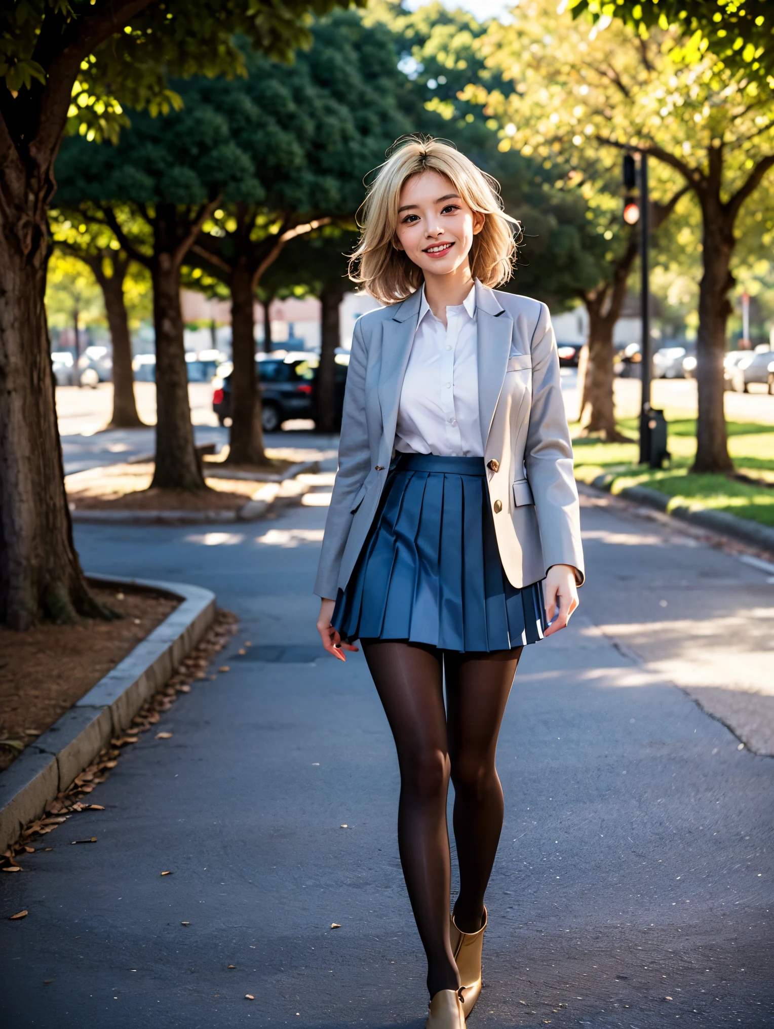 (1 lady), (Best quality at best:1.4), (ultra - detailed), (extremely detailed CG unified 16k), A Beautiful Woman with Perfect Figure: 1.4, Sharp Focus: 1.2, very detailed, High-definition RAW color photo, professional photoshooting, amazing face and eyes, cosmetics, (amazingly beautiful girl), ((jksatoko)), ((scho0l uniform, blue pleated skirt, white shirt, gray blazer, black pantyhose)), standing, sexyposture，outside huge cathedral, tree, nature, (look from down), realistic cinematic face, head to feet long wide zoomed out view, full body long view, photorealistic, ((realistic natural blonde hair style, violet eyes, pure golden blonde yellow hair)), gorgeous, extremely beautiful face, perfect model beauty, pout mouth, Highly Detailed Face and Skin Texture, Detailed Eyes, Double Eyelids, Big Breasts, Smile, flirting smile, laughing hard, cleavages, western, (masterpiece), best quality, high resolution, extremely detailed, blurred background, depth of field, cinematic lighting, amazing legs, high heels, clear and well-cared skin,
