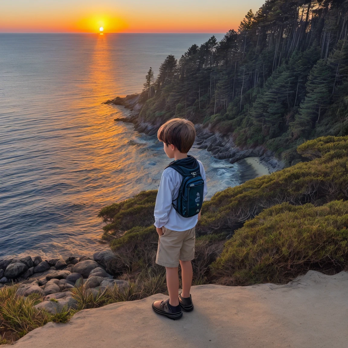 masterpiece, Best quality at best, 1 boy traveler attire,standing at the hill,watching sunset,sun reflect in the ocean,wide shot,(pine trees at the back)masterpiece, Best quality at best, 1 boy traveler attire,standing at the hill,watching sunset,sun reflect in the ocean,wide shot,(very high hill)
