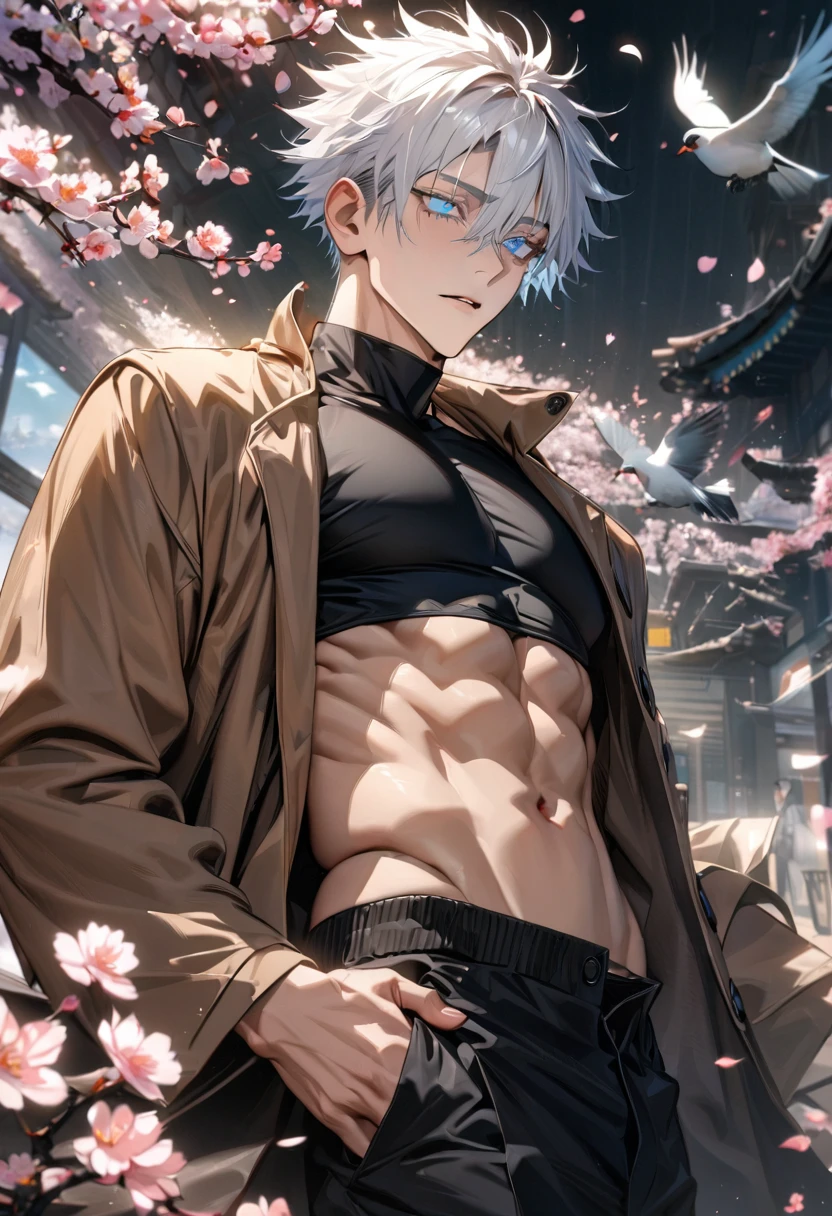 absurdres, highres, ultra detailed, HDR, masterpiece, extremely detailed face and eyes, Gojo Satoru, white hair with bangs, hair between the eyes, expressive blue eyes, white eyelashes, Jujutsu Kaisen, solo, sexy man, handsome, brown coat, black tight shirt, toned chest, black pants, spring, blossoms, petals, birds