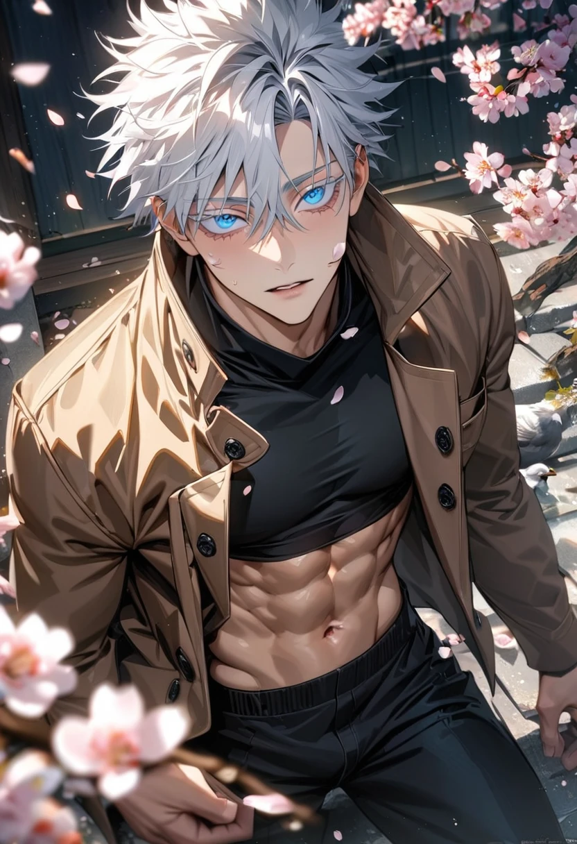 absurdres, highres, ultra detailed, HDR, masterpiece, extremely detailed face and eyes, Gojo Satoru, white hair with bangs, hair between the eyes, expressive blue eyes, white eyelashes, Jujutsu Kaisen, solo, sexy man, handsome, brown coat, black tight shirt, toned chest, black pants, spring, blossoms, petals, birds