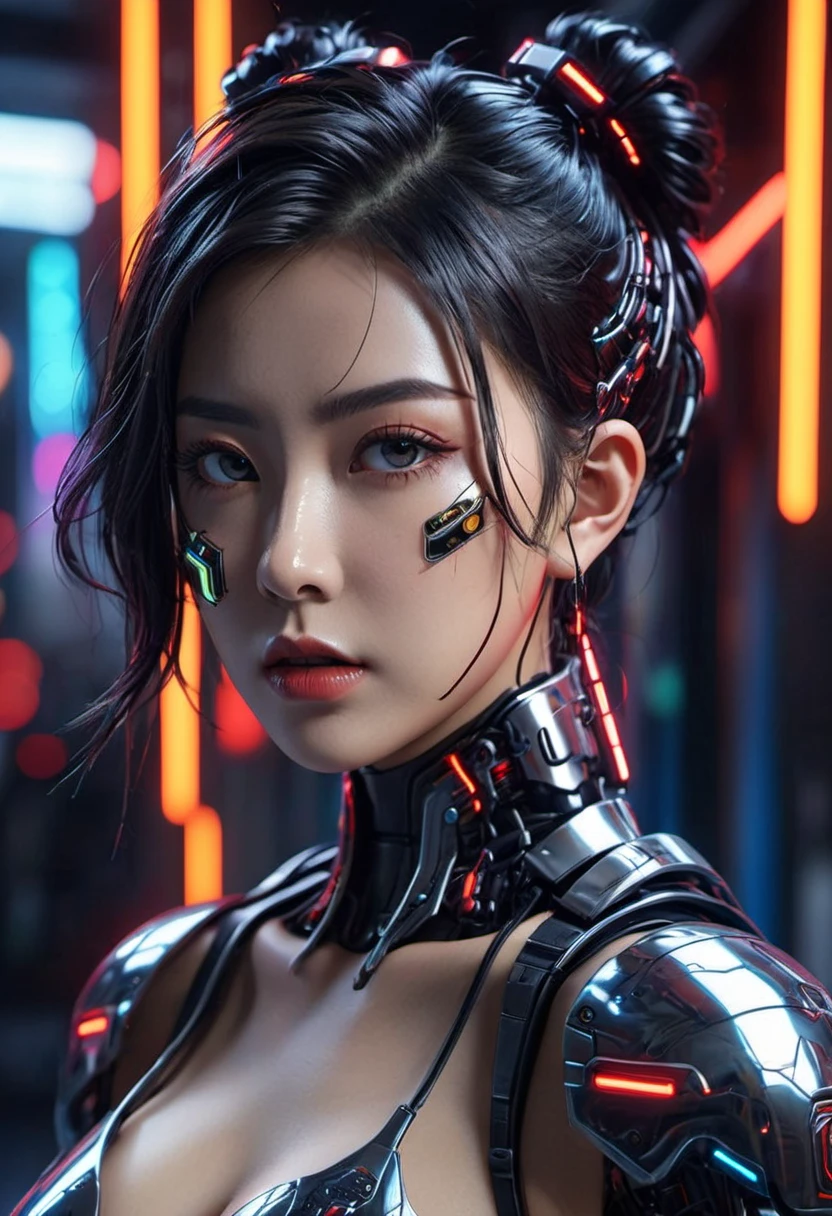 Top Quality, Masterpiece, Ultra High Resolution, (Photorealistic: 1.4), Raw Photo, 1 cyberpunk Girl, Glossy Skin, 1 Mechanical Girl, (Ultra Realistic Detail)), (((Full body shot))), Global Illumination, Contrast, thick voluptuous curved lips, Shadows, Octane Rendering, 8K, Ultra Sharp, Raw Skin, Metal, Intricate Ornament Details, Cyberpunk Details, Very intricate details, realistic light, CGSoation trend, facing the camera, neon details,mechanical cleavage.  mechanical limbs, blood vessels connected to the tube, mechanical vertebrae attached to the back, mechanical cervical attachment to the neck, wires and cables connecting to the head, gundam, small LED lamps.