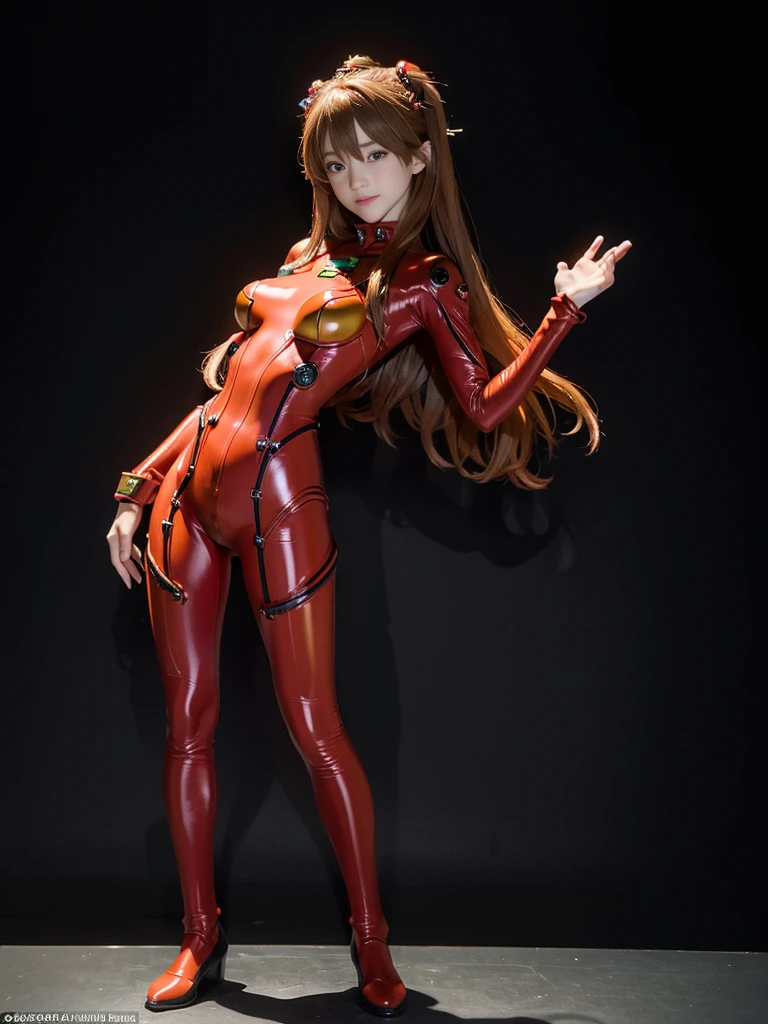 best quality, masterpiece, realistic, photorealistic, 1girl, solo, looking at viewer, full body, wariza, long hair, asuka cosplay costume, cosplay, plugsuit, bodysuit, hair ornament, simple background, Beautiful expression, Beautiful breasts,exy posing,whole body, composition that shows the whole body, smiling,standing posing