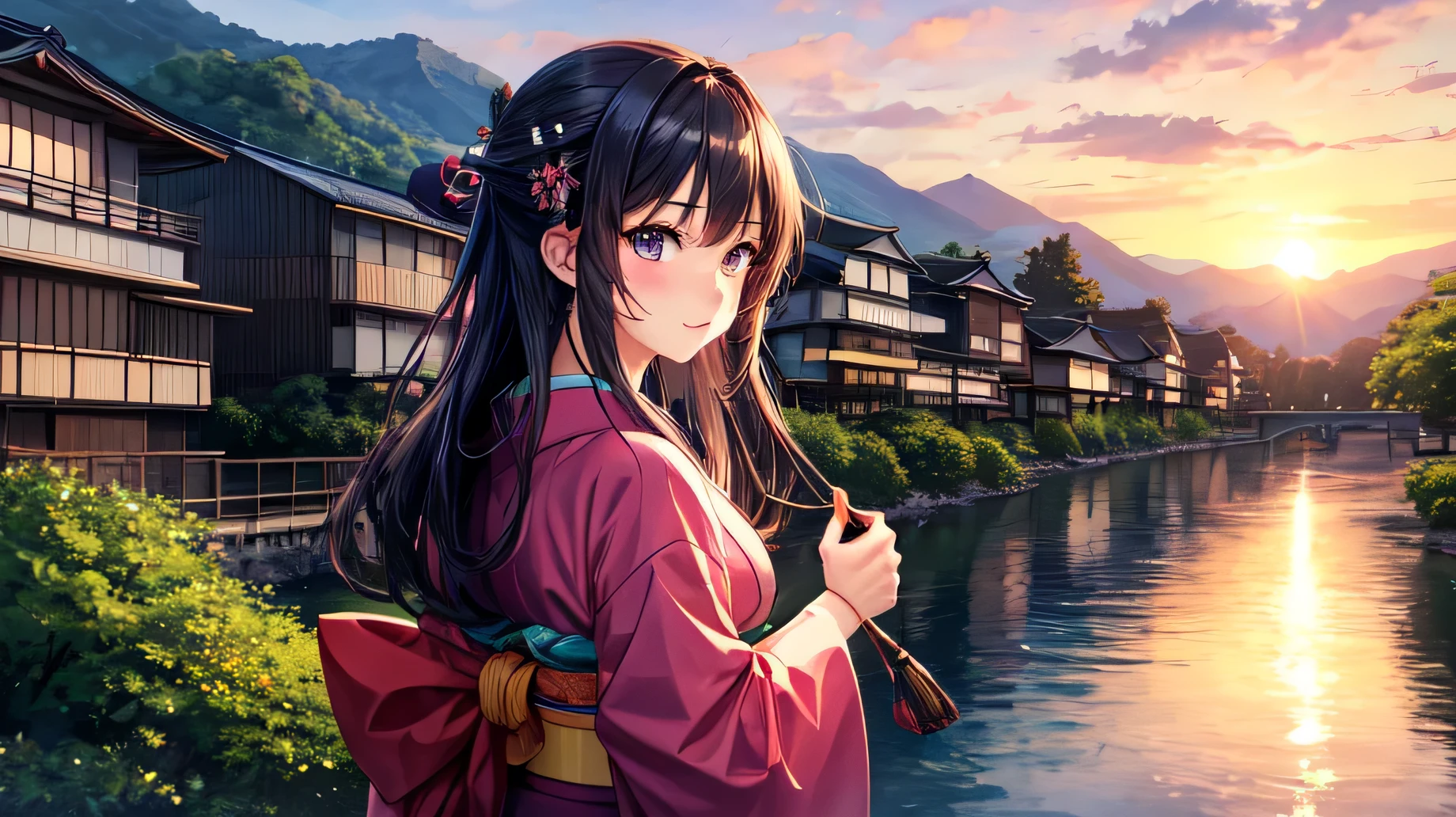 for anime,A beautiful woman in a Japanese kimono is looking at the scenery by the river,sunset