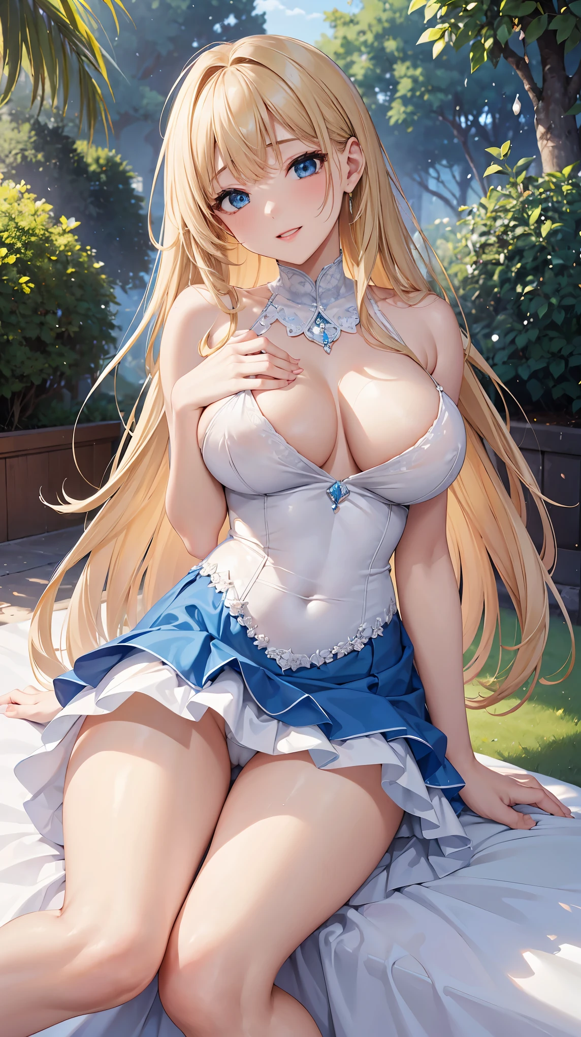 ((highest quality、High resolution))、A beautiful woman、Perfect body、beautiful ample breasts、Long blonde、bangs、Blue and white、embellished sexy dress、skirt、a sexually excited look、Legs wide open、((I&#39;m seducing you、I'm inviting you to have sex))、Outdoor Scenery