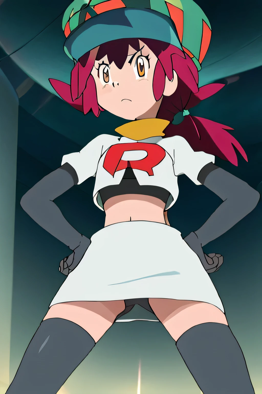 masterpiece,best quality,high res,high quality,mairin_pokemon,hat,8k, masterpiece,highres, team rocket uniform, red letter r, white skirt,white crop top,black thigh-high boots, black elbow gloves, glaring angrily, looking down at viewer, hands on hips, cowboy shot, zettai ryouiki,spread legs,from below, black panties,anime style, vivid colors, sharp focus, intense lighting,