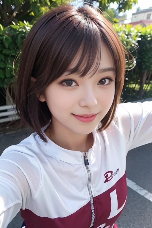 cute japanese college student、21 years old、Super detailed face、Attention to detail、double eyelid、Beautiful thin nose、Sharp focus:1.2、Beautiful woman:1.4、(Maroon brown hair、Short Hair)、(Detailed facial features)、Brunette eyes、natural bangs、White skin、highest quality、masterpiece、超A high resolution、(Photorealistic:1.4)、Highly detailed and professionally lit smile、looking at the camera、Straight Hair、Bright lighting、Professional Lighting、Smooth lighting、One person is standing、(Long sleeve cycling jersey), long sleeve sportswear、Long sleeve sports uniform、