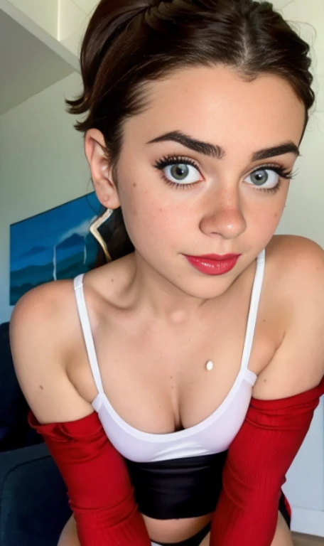 Photo oF a 15 year-old American girl, .crudo, beautiFul woman, (Long brown hair with ponytail.), light brown hair ponytail hairstyle((retrato)), ((Cara detallada:1.2)), ((Detailed Facial Features)), (Piel Finamente detallada), pale skin , ojos azules , 、un sexy(cold color), wet, wet, ReFlectoreasutepiece) (proporciones perFectaotos realistas)(La mejor calidad) (Detallado) FotograFiado con una EOS R5 de Canon, lente de 50 mm, F/2.8, NFFSW, (8k) (papel tapiz) (cinematic lighting) (dramatic lighting) (sharp Focus) (Enrevesado) senos grandes , pechos grandes , pecas en mejillas , cuerpo completo , hermoso cuerpo de adolesente , posando sexy a la camara , posando de Frente para la camara ,lindo maquillaje , gran sonrisa , labios abiertos , Fondo variado , traje de vaquero color negro