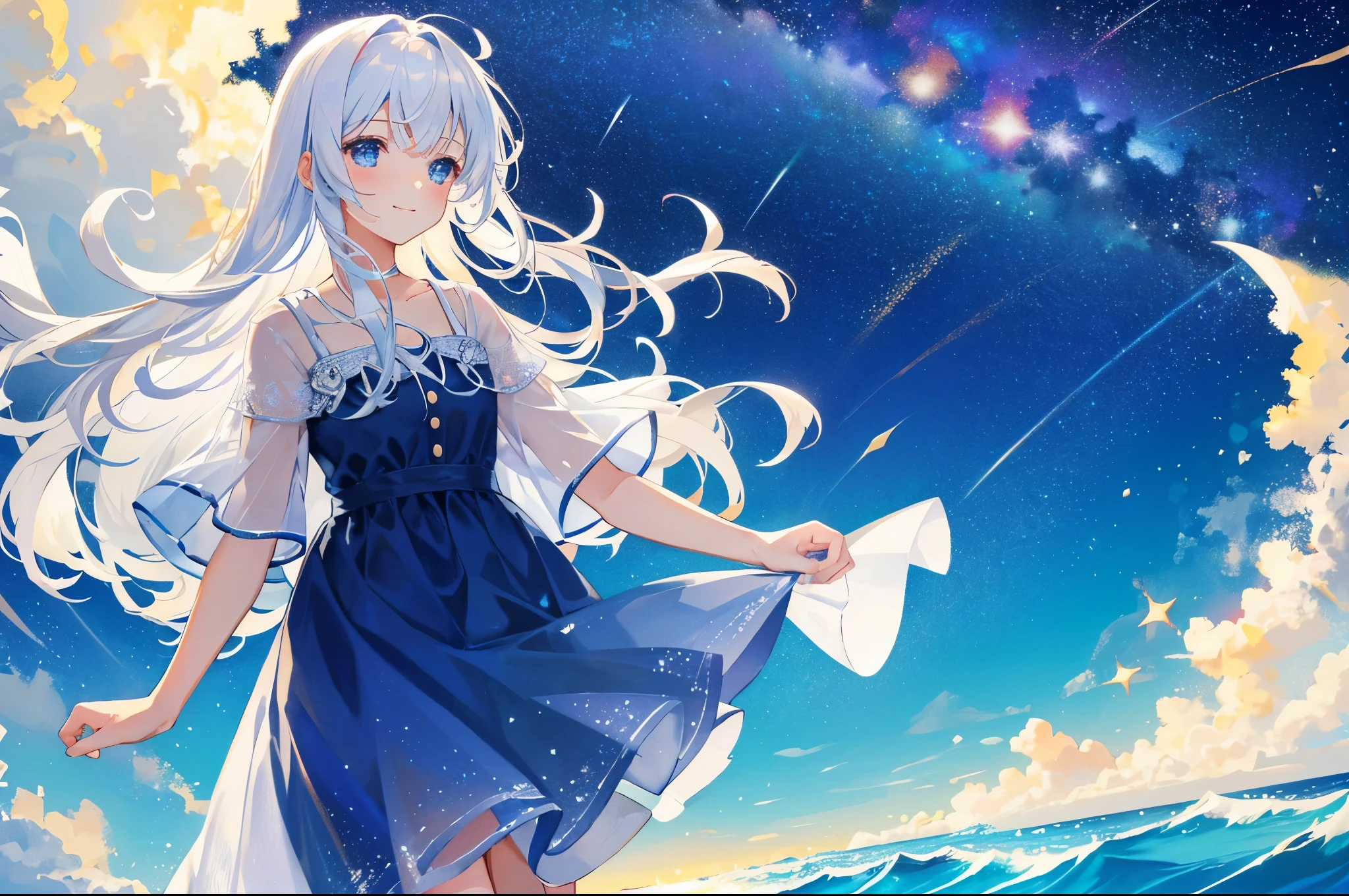 an ocean of stars, wishing stars, (glowing stars), shooting stars night sky, dreamy, endless ocean, colorful, ethereal, charming girl in a translucent flowing dress, white hair, walking on the water, Her smile was filled with tenderness and joy