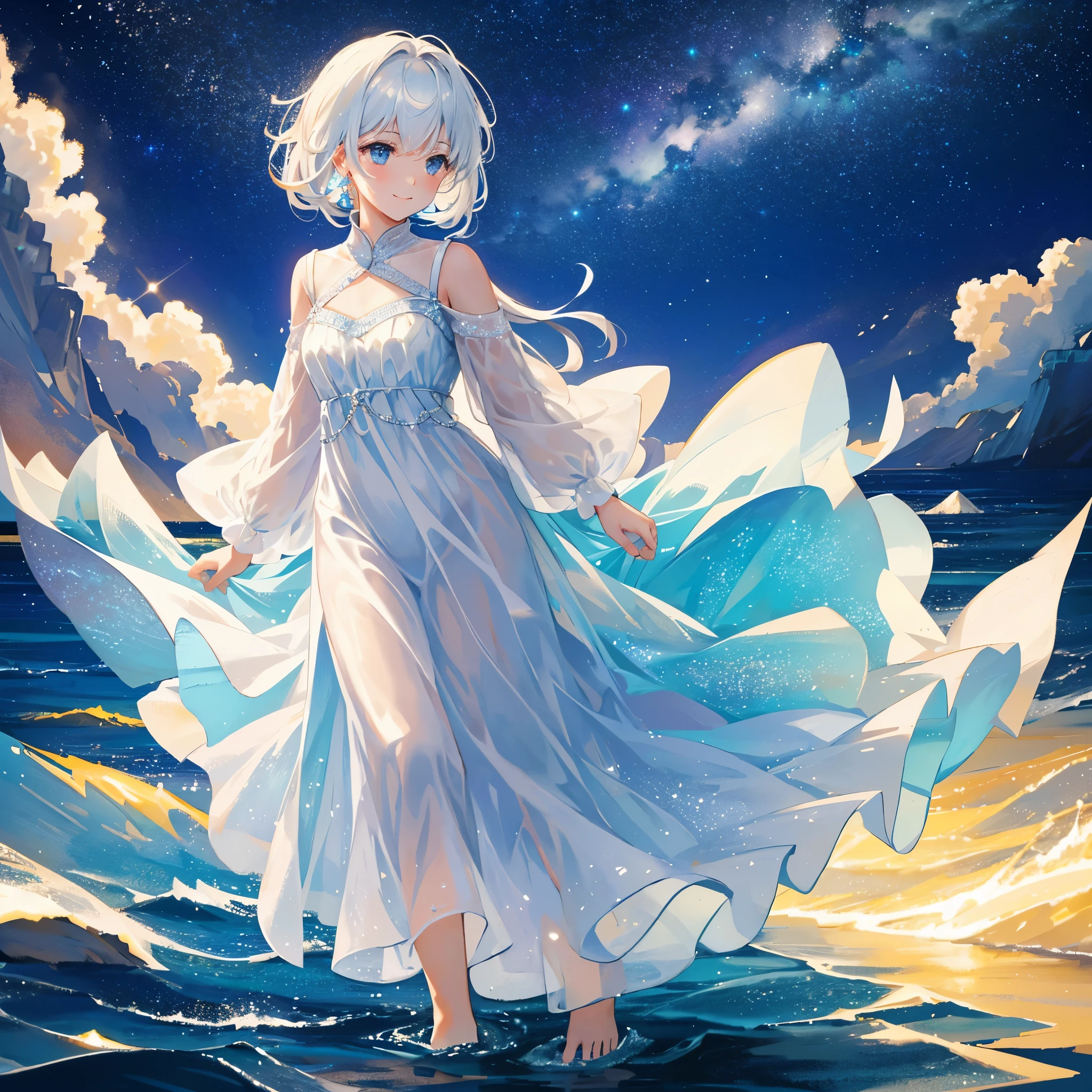 an ocean of stars, wishing stars, (glowing stars), shooting stars night sky, dreamy, endless ocean, colorful, ethereal, charming girl in a translucent flowing dress, white hair, walking on the water, Her smile was filled with tenderness and joy