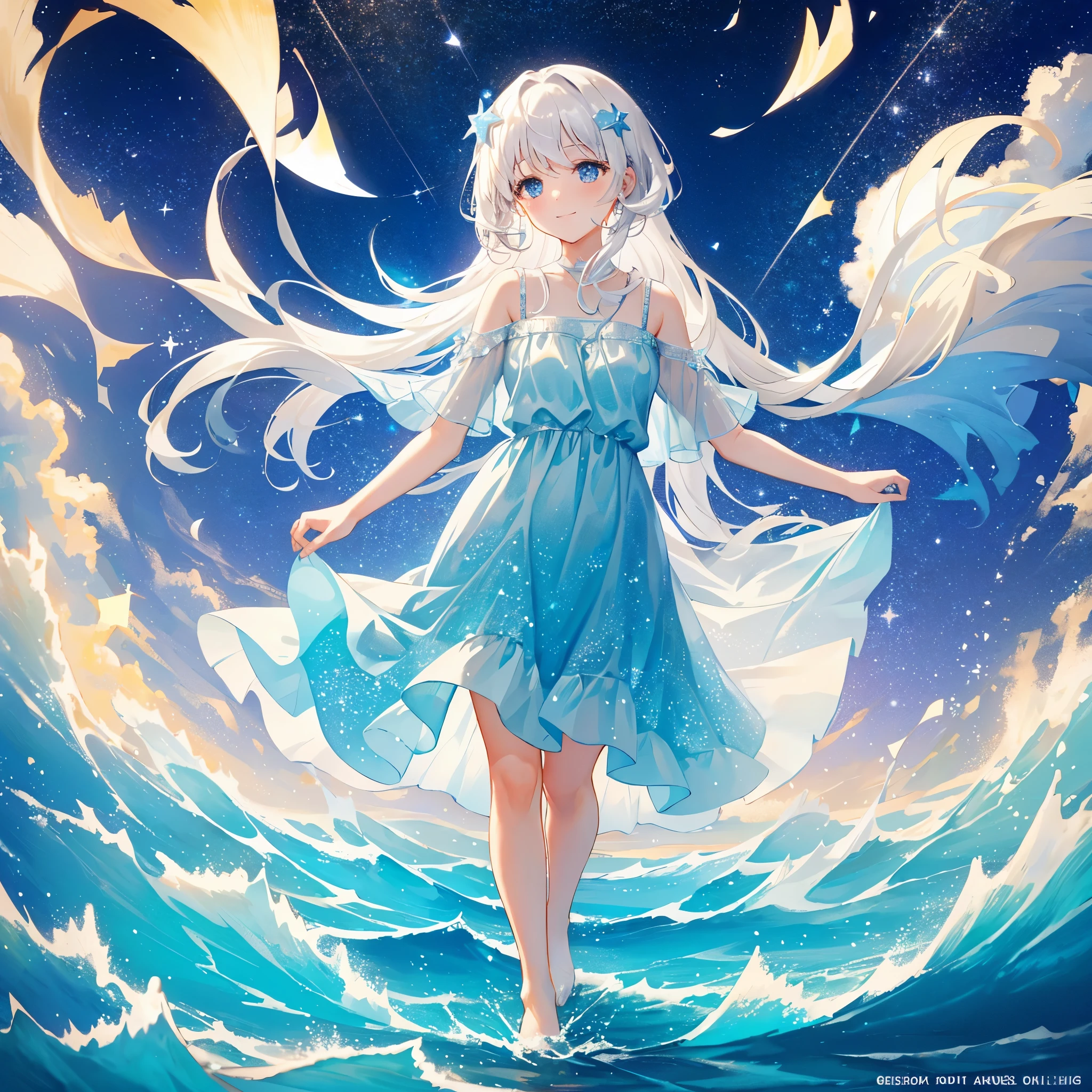an ocean of stars, wishing stars, (glowing stars), shooting stars night sky, dreamy, endless ocean, colorful, ethereal, charming girl in a translucent flowing dress, white hair, walking on the water, Her smile was filled with tenderness and joy
