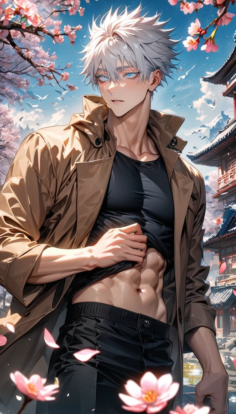 absurdres, highres, ultra detailed, HDR, masterpiece, extremely detailed face and eyes, Gojo Satoru, white hair with bangs, hair between the eyes, expressive blue eyes, white eyelashes, Jujutsu Kaisen, solo, sexy man, handsome, brown coat, black tight shirt, toned chest, black pants, spring, blossoms, petals, birds