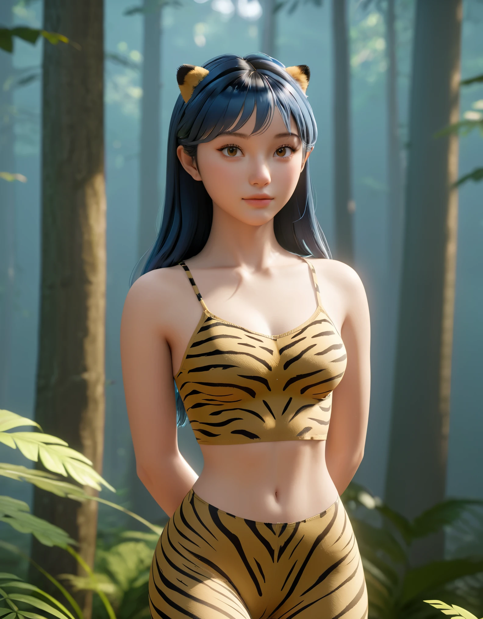 lum,(masterpiece, best quality:1.2), 1girl, solo,front view， ,realistic，3d，Unreal Engine 5，skin texture，leopard top，leopard leggings，background is a forest