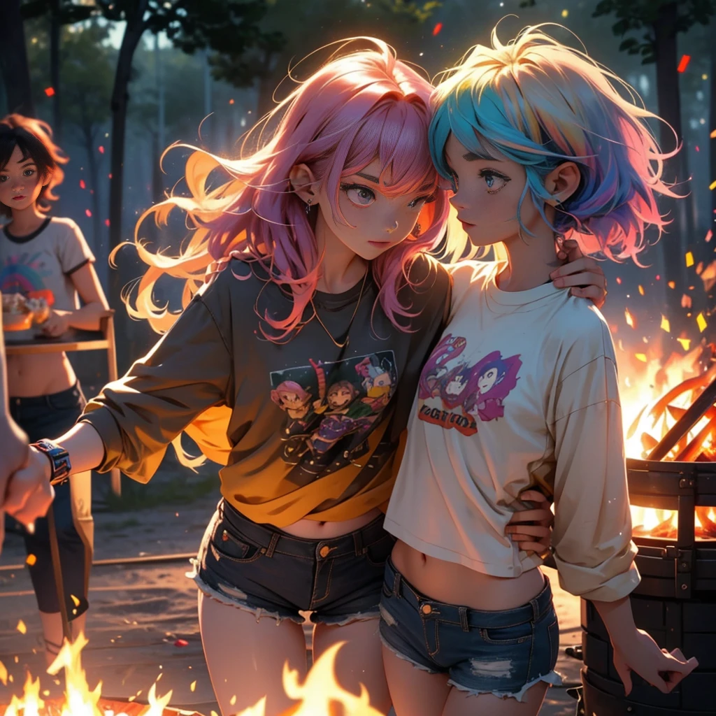 A bunch of wild and crazy goblin college girls (small tops, daisy dukes, rainbow hair) are throwing a raging tailgate , dancing lewdly with one another around a campfire. Arousing horror