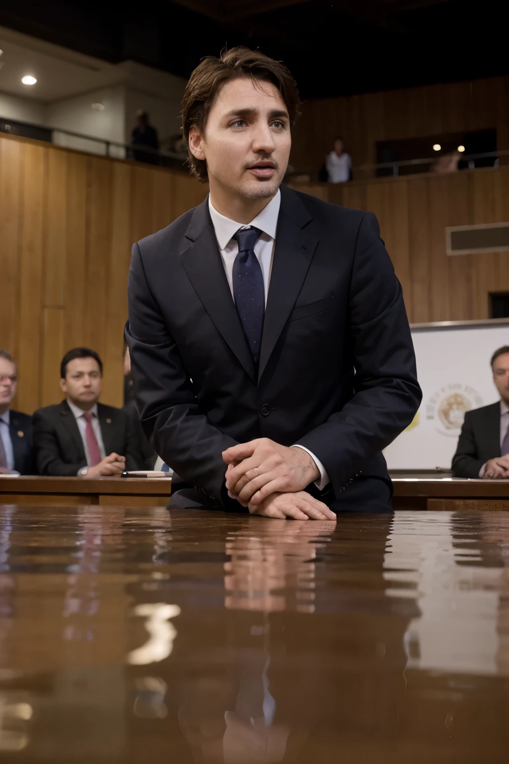 ((Best quality)) Create a striking photograph of Justin Trudeau giving a lecture in front of the Canadian Parliament in Ottawa. Highlight the Prime Minister's stature and leadership as he addresses crucial issues for the country. Use vibrant colors and dynamic graphic elements to capture the attention of our Midjourney audience. Show Trudeau speaking with passion and conviction, reflecting his commitment to the Canadian people and the future of our nation. This image should embody the government's progressive and inclusive vision while inspiring confidence and hope for the future