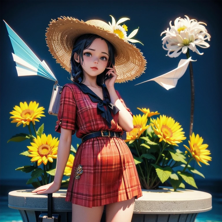 There's a suitcase with a straw hat on top, nuvens, atmosfera, folhas, chrysanthemums floating in the air, paper airplanes, (miniatura: 1.2), 2.5 d illustration, 3D rendering, modelagem 3d, bolha mate, trend in behans 3d art, trend in behans 3d art, 3D Illustration, 3D Illustration, 3D Illustration, commercial illustration, cinema 4d color rendering, 3D rendering stylization, stylized digital illustration, cena estilizada 3D, stylized 3D rendering