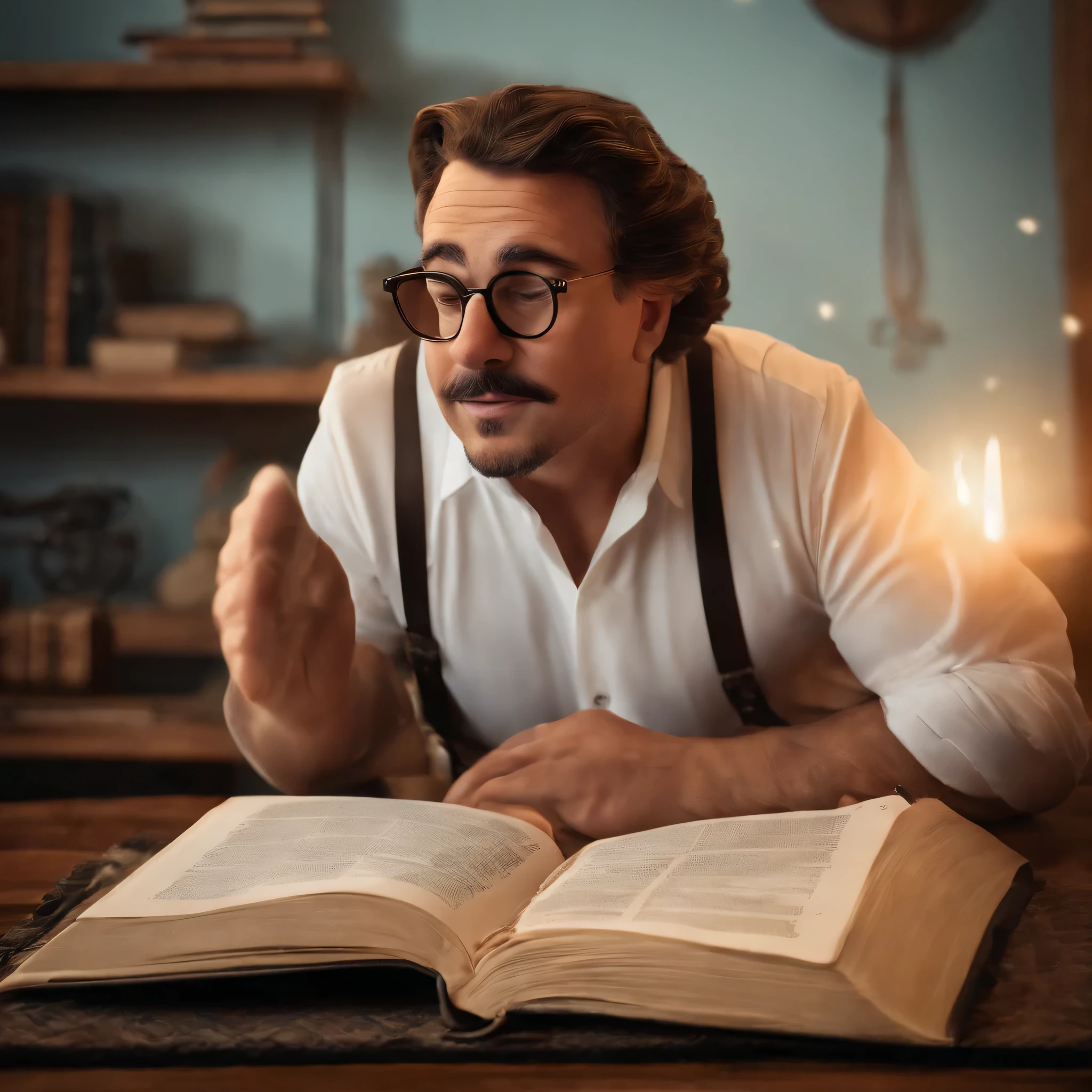 Crea un cartel inspirado en Disney Pixar con el personaje del pastor Rubens Janier, Un hombre canoso con gafas., en una oficina con una Biblia sobre la mesa, Con ganas y en serio