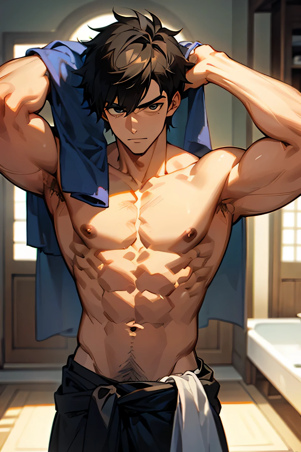 shirtless handsome manly short black hair caucasian male, towel wrapped around the waist, hands above the head, at home