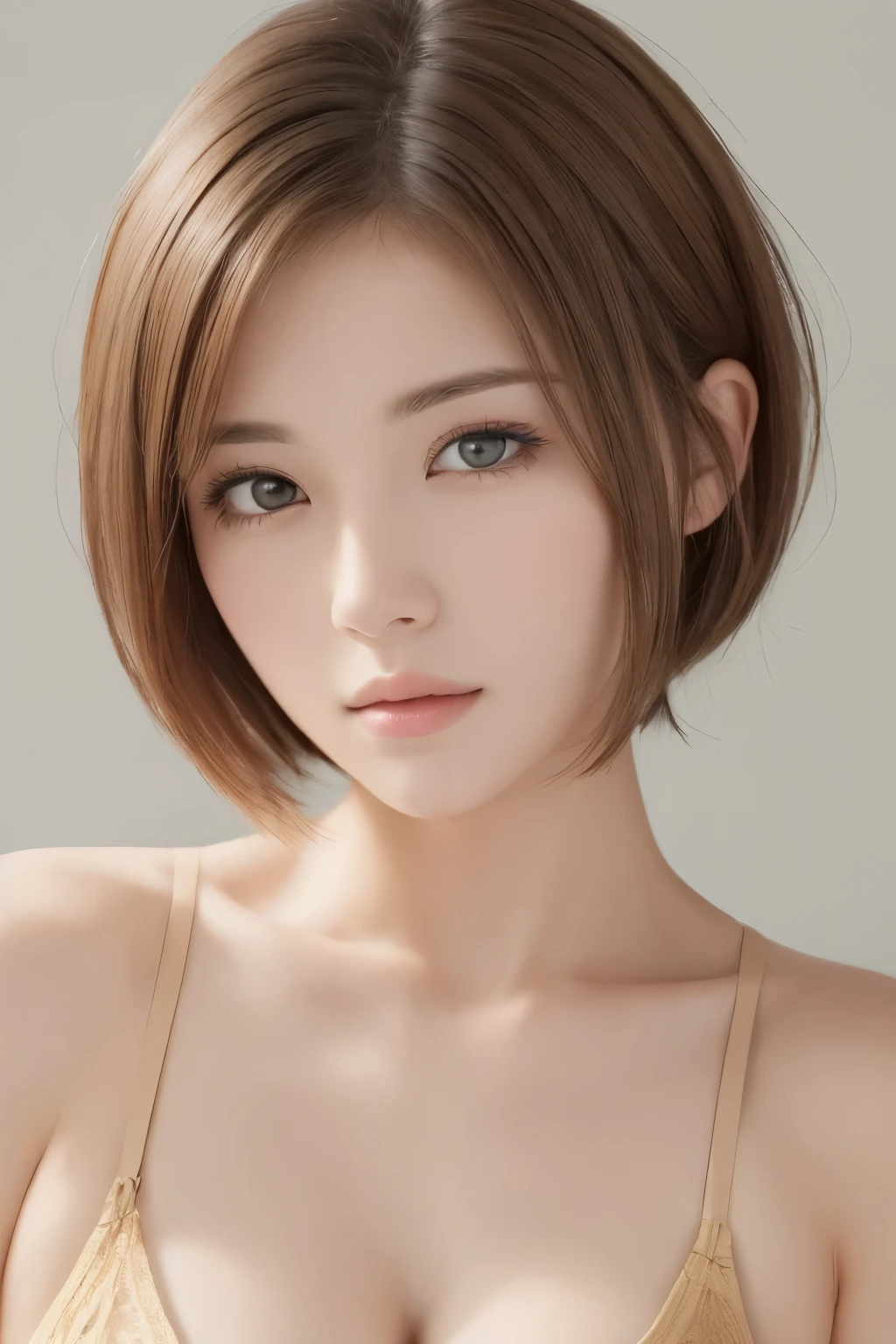 (Masseter muscle area:1.3)、((Looking into the camera:1.4))、(8k、Photorealistic、Raw photo、highest quality: 1.4)、(One Girl、Age 25)、Beautiful Face、(round face)、(Ash Brown、Short Bob Hair:1.3)、Beautiful hairstyle、Realistic eyes、Beautiful details、(real skin)、Beautiful skins、(Ren Hao)、Absurd、attractive、Small breasts in lingerie、Surreal、High Detail、Golden Ratio