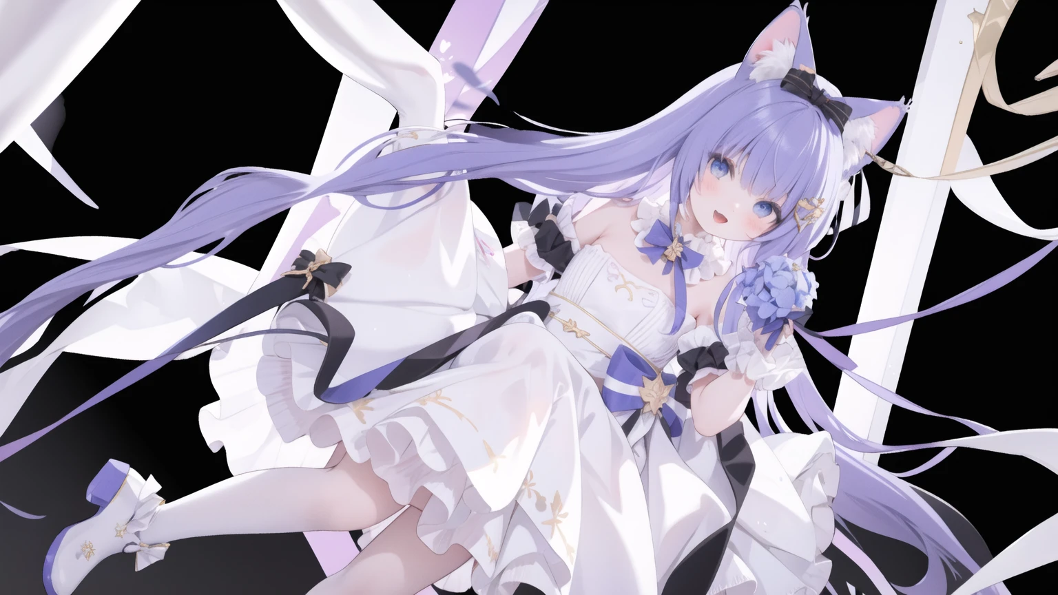 Lovely ,Long hair,purple hair，Close one eye，Smile，open mouth，Piece Marking，A Lovely look,Lovely gesture，Sing，Big blue eyes,White Lolita,Pleated Skirt,Cat ears,Cat&#39;s Tail,nice gloves,Hair accessories,bow tie，Leg ring，white boots，whole body,stage，one person