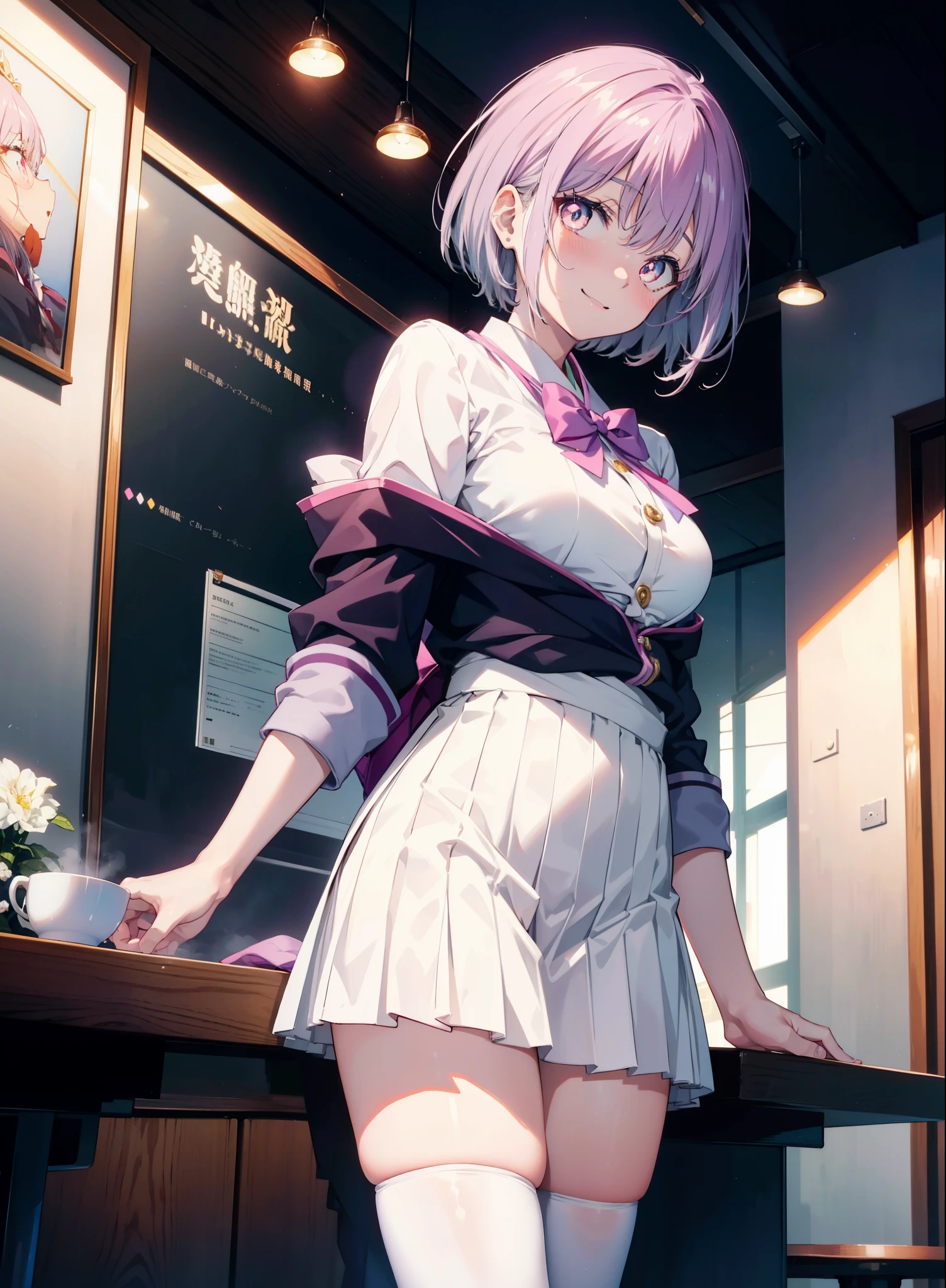 akaneshinjou, shinjou akane, Light purple hair, (Pink Eyes:1.2), short hair,Akabu Glasses,happy smile, smile, Open your mouth,blush,Idol-style white kimono,long furisode,White mini skirt,White tights,Sandals,tray, tray in one hand,A beautiful waitress with 長い髪 comes to the table to take our order,It&#39;s as if your whole body is in the illustration.,Maid Headless, break looking at viewer, (Cowboy Shot:1. 5) break indoors, coffee shop, break (masterpiece:1.2), highest quality, High resolution, unity 8k wallpaper, (shape:0.8), (Beautiful and beautiful eyes:1.6), Highly detailed face, Perfect lighting, Extremely detailed CG, (Perfect hands, Perfect Anatomy),