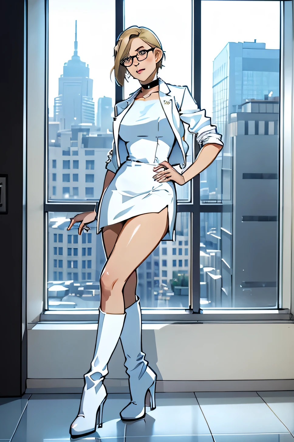 woman, Short straight blonde hair, blue eyes, White suit jacket, White Skirt, long white high heel boots, Black Choker, No T-shirt, Moderate , Glasses, Blushing, In front of the window