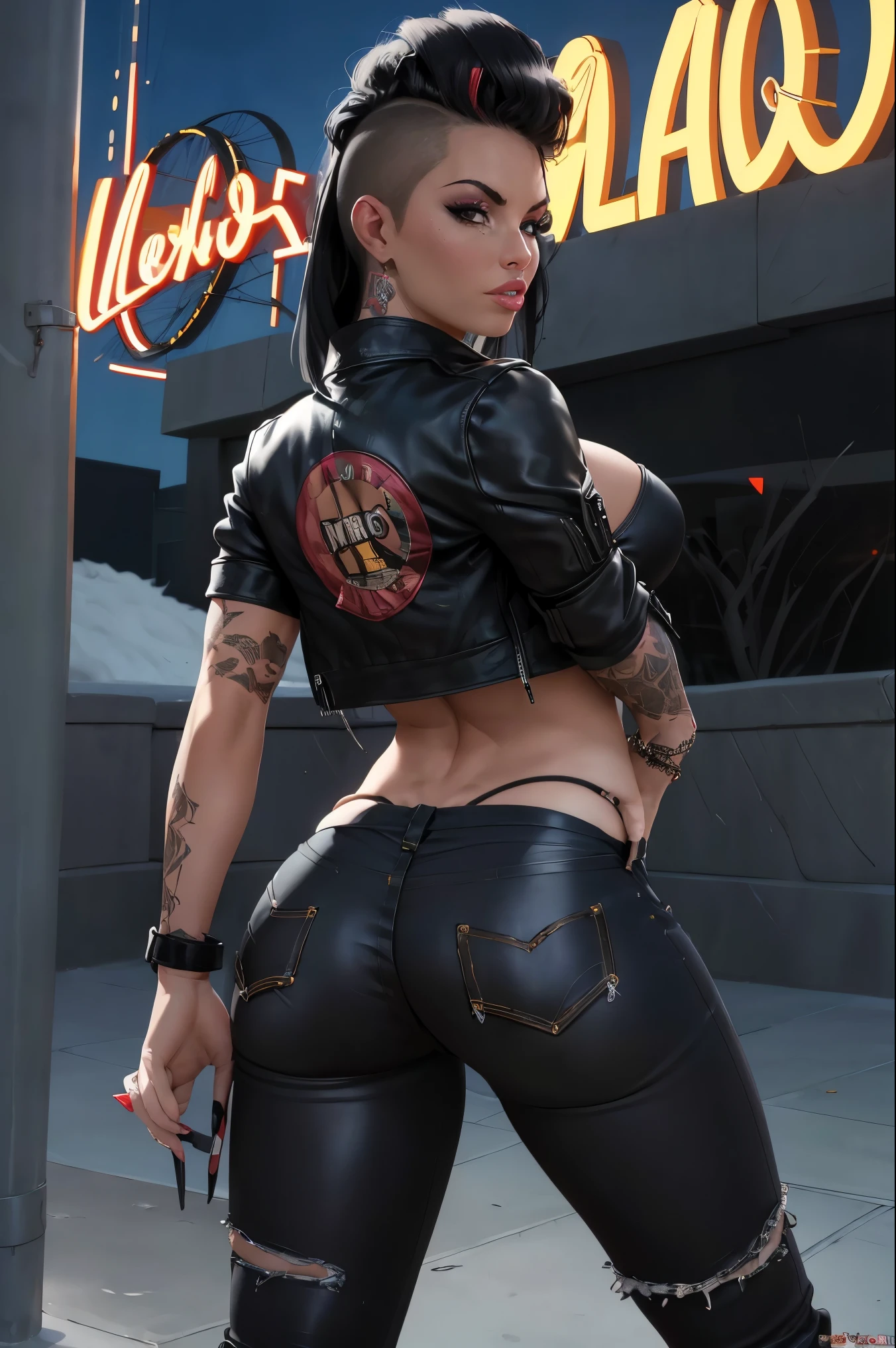 film photo ChristyMackQuiron woman, peinado Mohawk, mohawk hair, black hair, pelo negro, realista, a woman Shot putwearing a crop top and tight jeans walking on Las Vegas, short crop top, ahort black leather jacket, chaqueta de cuero negro corta, vaqueros apretados, heels, tacones , de buen tono, 35mm photography, Movie, bokeh, profesional, 4k, muy detallado, Las Vegas, from back, looking at viewer, thicc ass