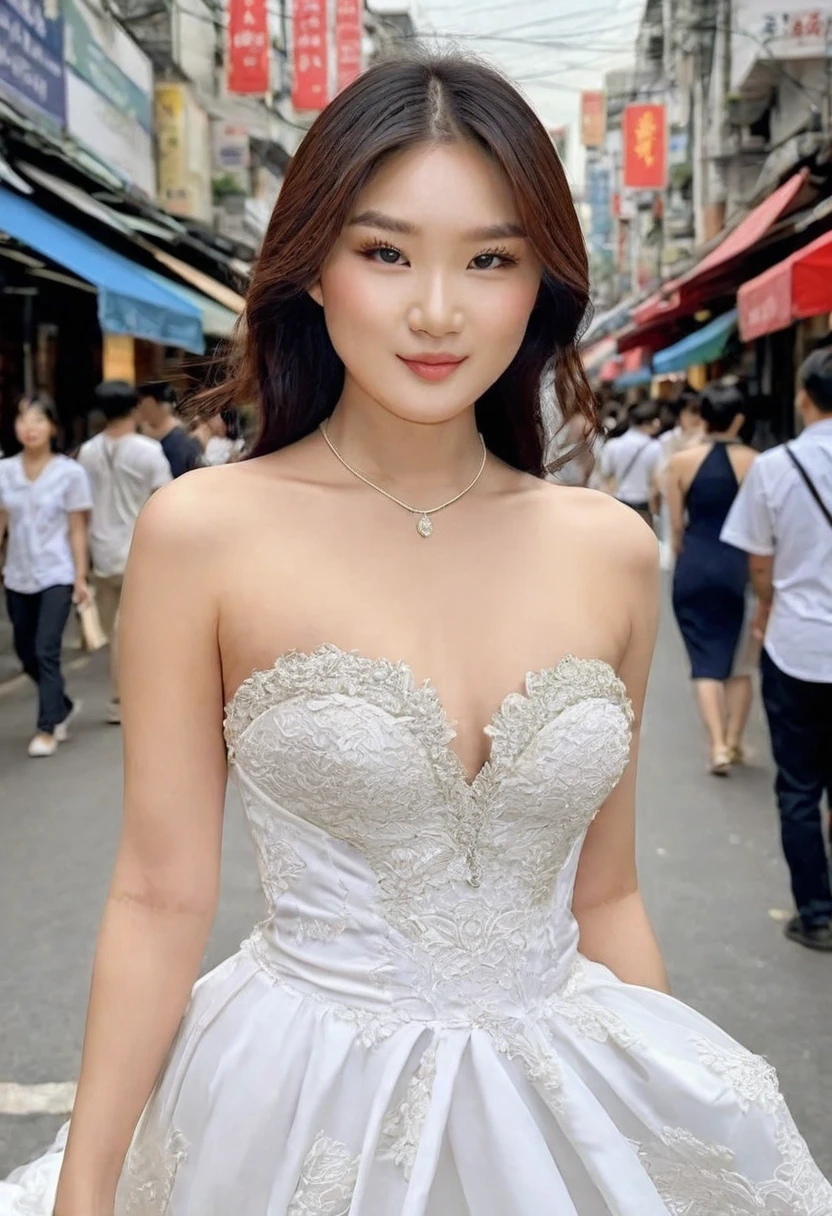 (high quality:1.5), (((8k))), extremely detailed, (High detail:1.2), Solo, (HotLexi Woman)), 24 year old Korean female, ((perfect anatomy)), (in street), (dress strapless),