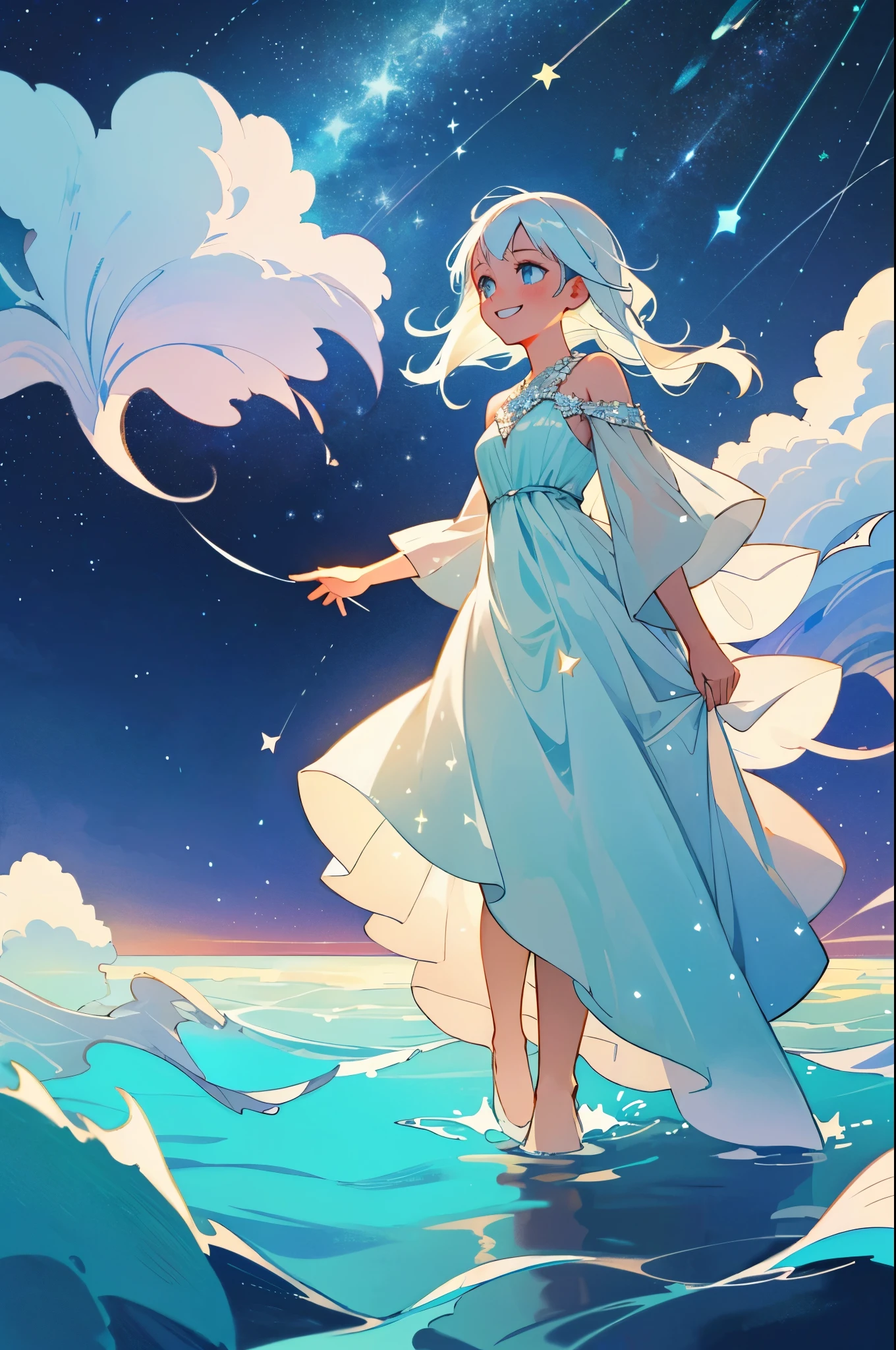 an ocean of stars, wishing stars, (glowing stars), shooting stars night sky, dreamy, endless ocean, colorful, ethereal, charming girl in a translucent flowing dress, white hair, walking on the water, Her smile was filled with tenderness and joy