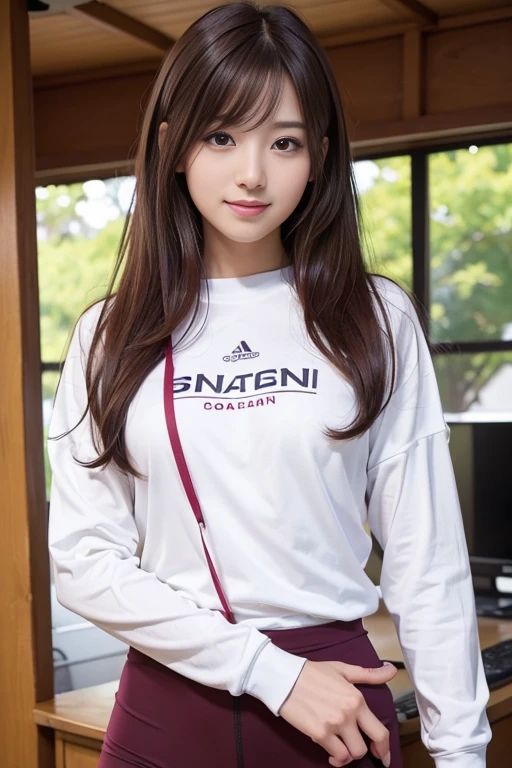 cute japanese college student、21 years old、Super detailed face、Attention to detail、double eyelid、Beautiful thin nose、Sharp focus:1.2、Beautiful woman:1.4、(Maroon brown hair、Short Hair)、(Detailed facial features)、Brunette eyes、natural bangs、White skin、highest quality、masterpiece、超A high resolution、(Photorealistic:1.4)、Highly detailed and professionally lit smile、looking at the camera、Straight Hair、Bright lighting、Professional Lighting、Smooth lighting、One person is standing、(Long sleeve cycling jersey), Checkered clothing、
