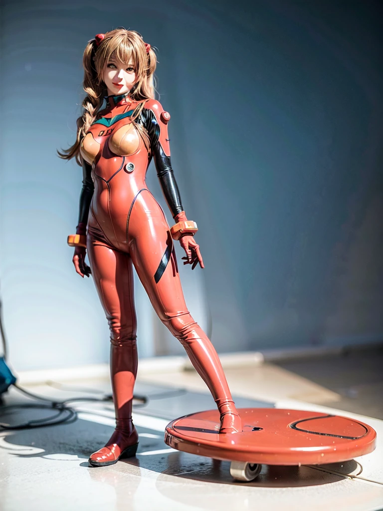 best quality, masterpiece, realistic, photorealistic, 1girl, solo, looking at viewer, full body, wariza, long hair, asuka cosplay costume, cosplay, plugsuit, bodysuit, hair ornament, simple background, Beautiful expression, Beautiful breasts,exy posing,whole body, composition that shows the whole body, smiling,standing posing