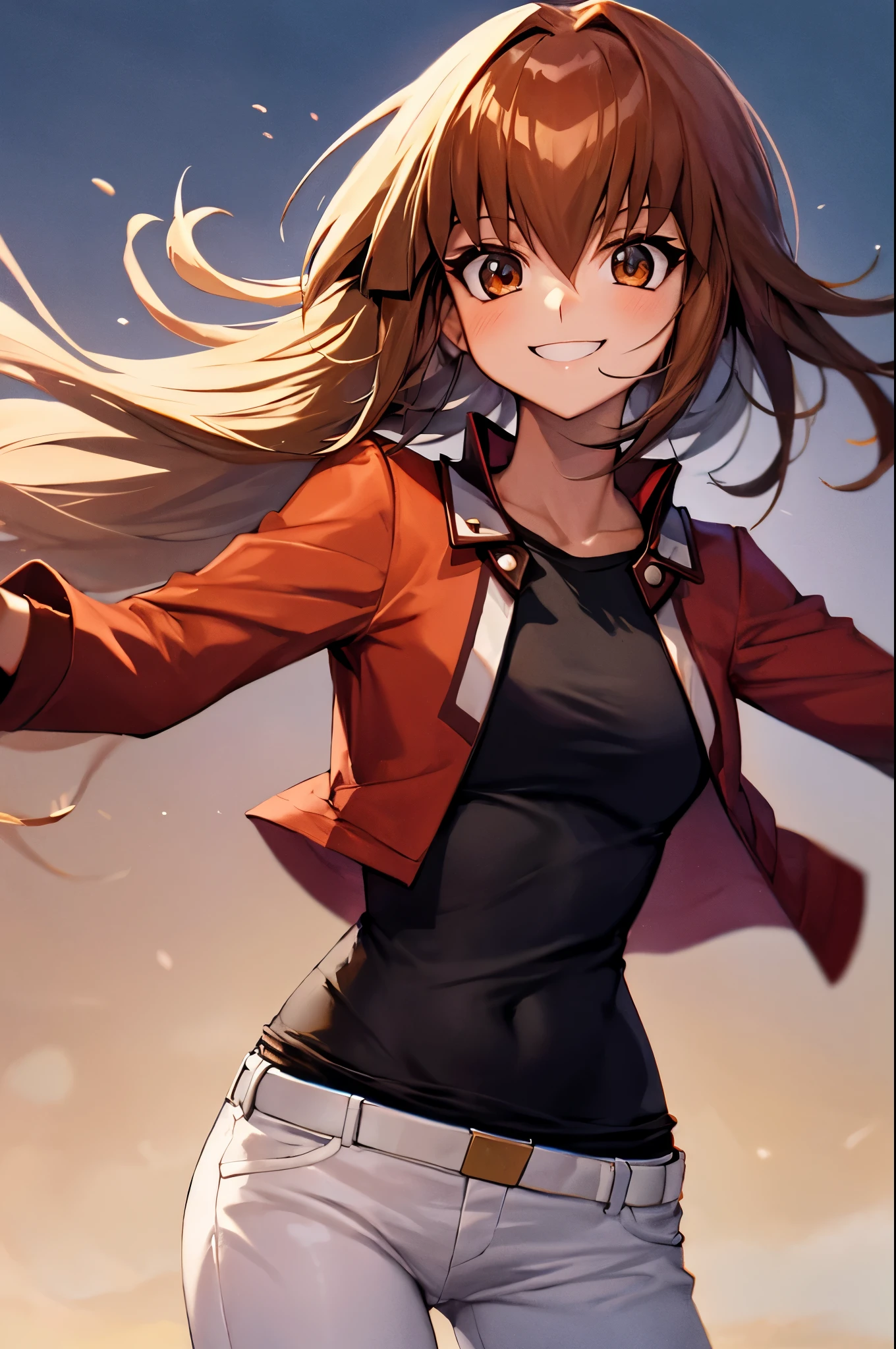 (masterpiece, best quality:1.2), expressive eyes, perfect face, highres, Yuuki Judai, 1girl,(female:1.5), Brown hair, long hair, Solo, Red jacket, Bangs, Black shirt, Open jacket, hair between eye, Smile, White pants, red footwear,Duel Academy Uniforms (Yu-Gi-Oh! nffsw),(Close Shot, Best Quality, hight resolution, 4K, Detailed Lighting, Shaders), Smile,Looking at Viewer, Cowboy Shot,handshake,