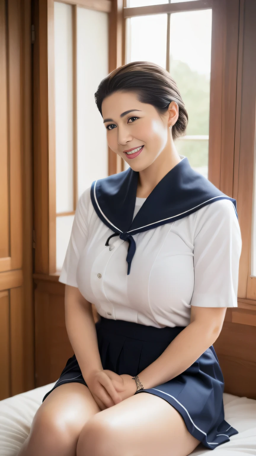 ((photograph))、((real photo)), (masterpiece, highest quality),hot ((Mature Woman)),Sitting on bed in bedroom,Wide Hips、Big Breasts,Saggy breasts, (Slicked back hair),  uniform、Pleated skirt，Sailor suit、the chest is hidden、smile, Face-to-face audience,  Cupboard, stove, window, Japanese、((plump 1.8))、(((plump Mature Woman1.4)))、((Big Breasts1.8))、Chubby,　eyes half closed、　Put your hands together and place them between your thighs、gentle smile、Black Hair Styles、Full body view



