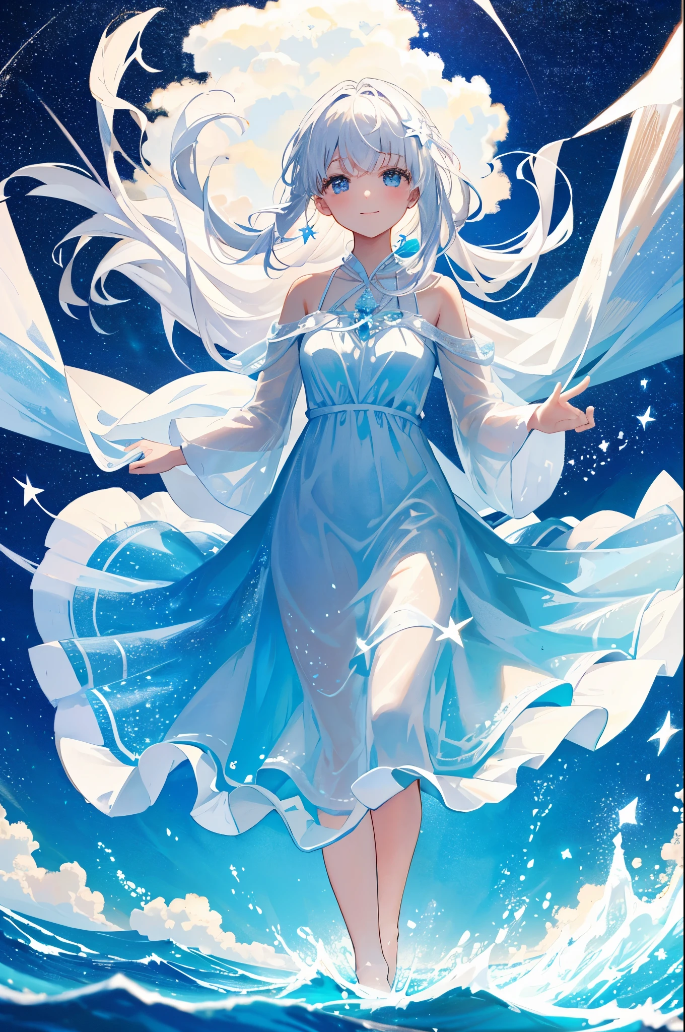an ocean of stars, wishing stars, (glowing stars), shooting stars night sky, dreamy, endless ocean, colorful, ethereal, charming girl in a translucent flowing dress, white hair, walking on the water, Her smile was filled with tenderness and joy