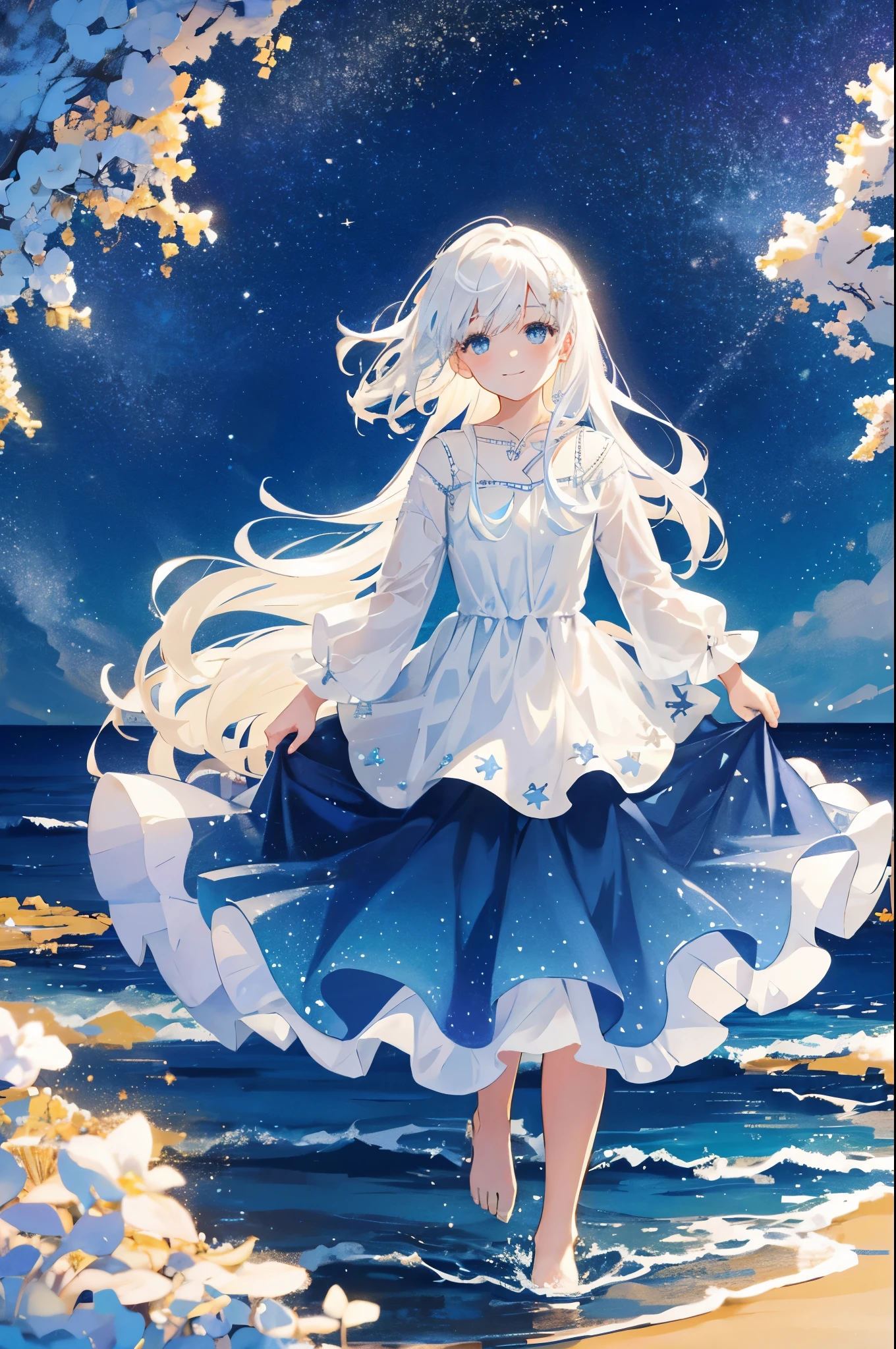 an ocean of stars, wishing stars, (glowing stars), shooting stars night sky, dreamy, endless ocean, colorful, ethereal, charming girl in a translucent flowing dress, white hair, walking on the water, Her smile was filled with tenderness and joy