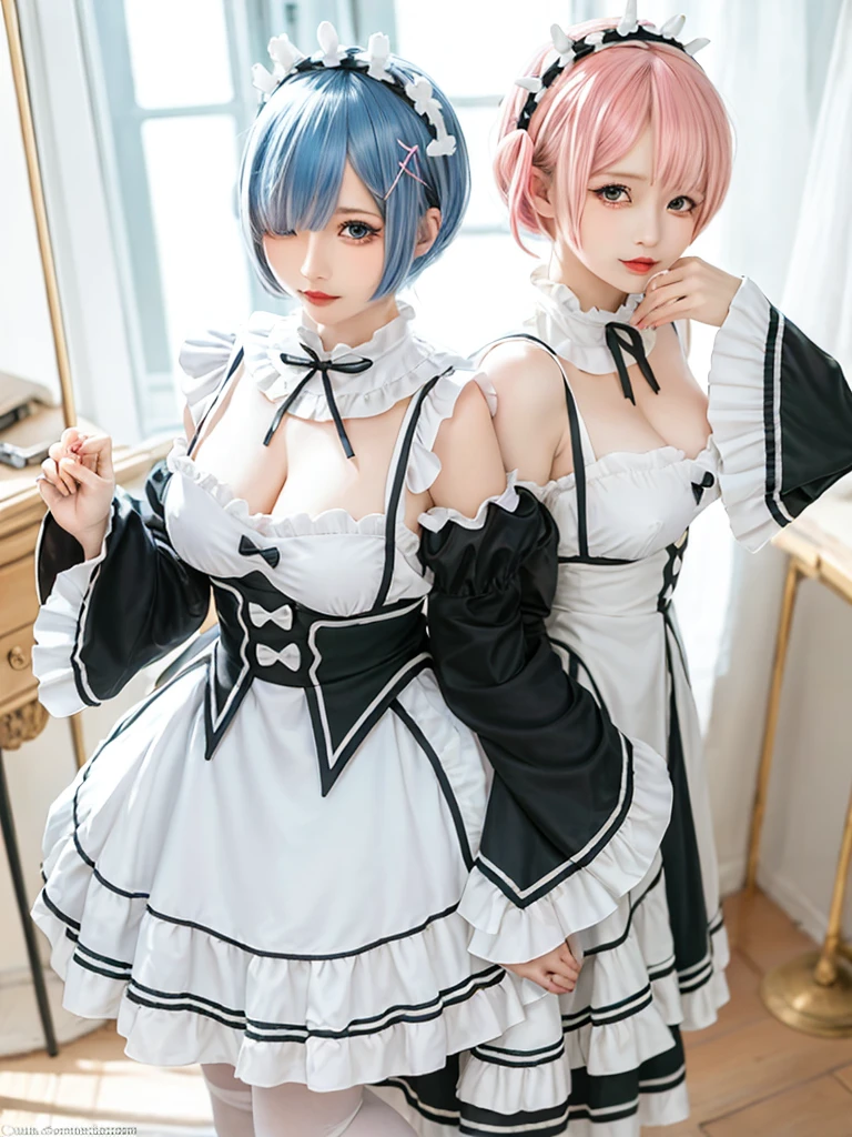 (8K, Photorealistic, Raw photo, of the highest quality: 1.3), (1girl in), Super beautiful, (Realistic face), (boyish, pink Color Berry Shorthair), Beautiful , Glare that captivates the viewer, Beautiful expression, Beautiful breasts, (Realistic skin), Be...Create a detailed and colorful image of Ram and Rem from Re:Zero, standing back-to-back in their maid outfits, with a magical fantasy background、14years old, two girls,cute, perfect face, beautiful, nice body, gothic lolita clothes, gothic lolita fashion, frilly skirt, headdress, necklace, bracelet, knee-high socks, boots, double eyelids, tear bags, Detailed down to the fingers, photo-like description, indoors, dim indoor lighting, one girl is pink hair and short bob, another girl is light blue hair and short bob,standing, sexy posing,whole body, composition that shows the whole body, smiling,The Both of them are wearing the same type of maid outfit,Optimal ratio of 4 fingers and 1 thumb
