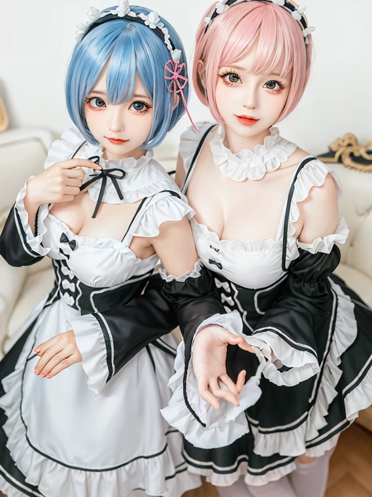(8K, Photorealistic, Raw photo, of the highest quality: 1.3), (1girl in), Super beautiful, (Realistic face), (boyish, pink Color Berry Shorthair), Beautiful , Glare that captivates the viewer, Beautiful expression, Beautiful breasts, (Realistic skin), Be...Create a detailed and colorful image of Ram and Rem from Re:Zero, standing back-to-back in their maid outfits, with a magical fantasy background、14years old, two girls,cute, perfect face, beautiful, nice body, gothic ta clothes, gothic loliashion, frilly skirt, headdress, necklace, bracelet, knee-high socks, boots, double eyelids, tear bags, Detailed down to the fingers, photo-like description, indoors, dim indoor lighting, one girl is pink hair and short bob, another girl is light blue hair and short bob,standing, sexy posing,whole body, composition that shows the whole body, smiling,The Both of them are wearing the same type of maid outfit,Optimal ratio of 4 fingers and 1 thumb