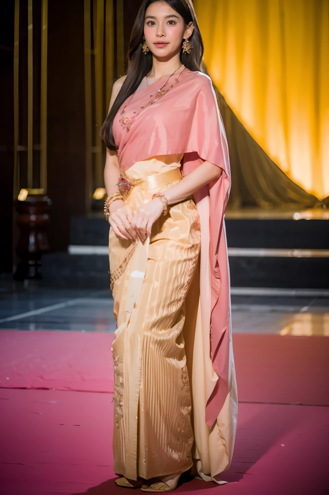(realistic:1.4),(raw photos:1.2),official art,(Very detailed CG:1.2), (Masterpiece:1.2), (best quality:1.2),looking at the audience,(Full body)
,(1 girl),(long hair),stand,(Dressing according to Thai tradition:1.05),pink dress,dynamic gesture,(traditional shawl),((brown skirt)),(Gold Jewelry),
,