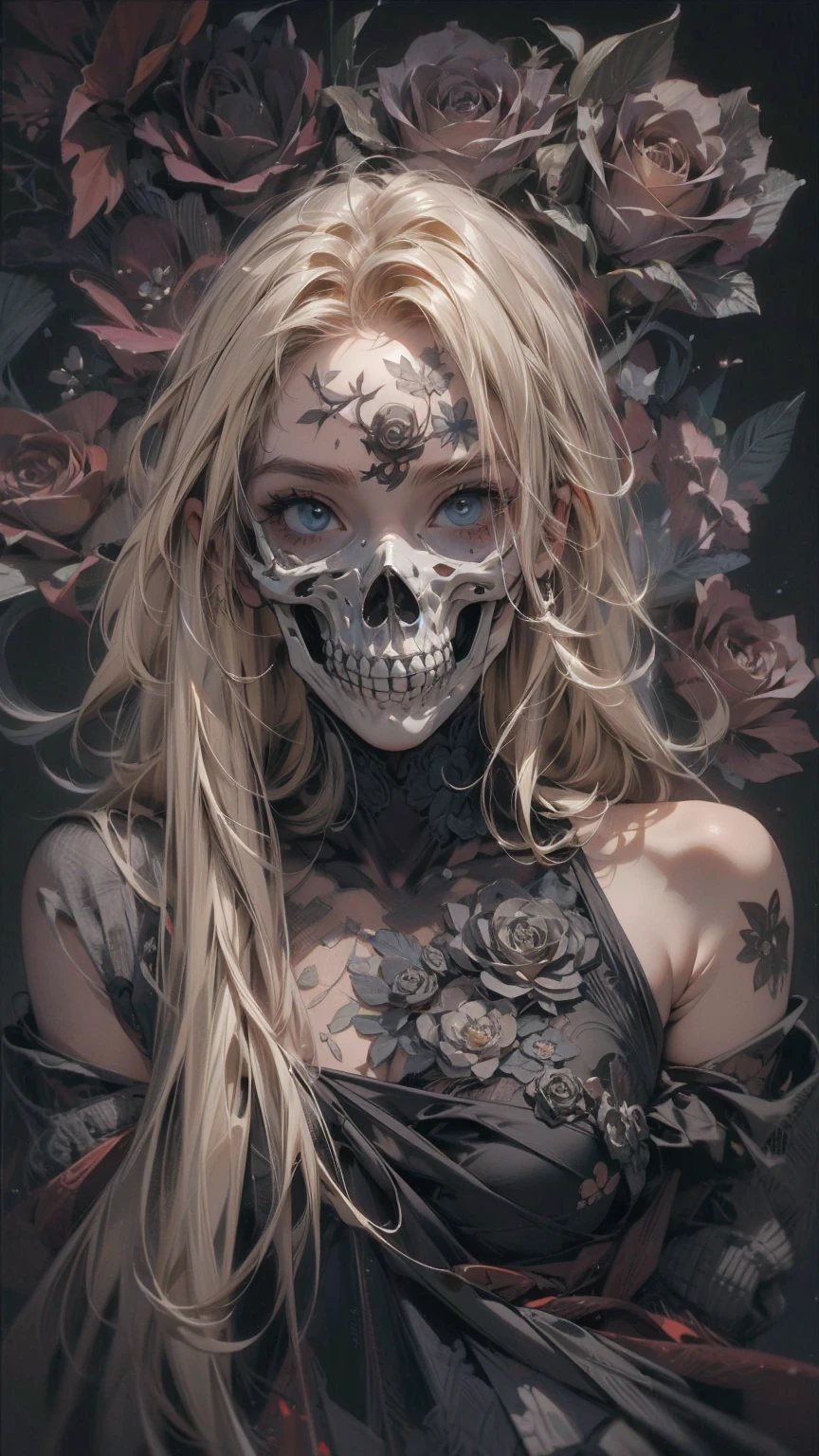 (masterpiece, High resolution, highest quality), Composition from head to thighs:1.3, Upper body focus, A 20-year-old woman wearing a large black cloth over her naked body.:1.3, Skull Face Mask, Blonde Hair, Disorganized, Black Rose Collage, abstract design, artistic juxtapositions, Black Background, mixed-media approach, Anime Style, simple lines, Digital Painting,