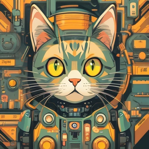 There is a black cat wearing headphones sitting on the turntable, CyberpunkCat, MachineCat, Just a joke, Tom Whalen (Tom Whalen) of inspiration, Lofi Art, Cat Robot, Tom Whalen 8K, Digital illustration style, Retro illustration, Illustration of a Cat, NetworkCat, Lofi portrait, Cat, Cat Design, Inside the Robot Cat&#39;s Head（（（1Cat）））There is a Cat sitting in a suitcase, commend art, MachineCat, Tom Whalen (Tom Whalen) of inspiration, Cat Design, commend portrait, Cat, NetworkCat, Just a joke, Tom Whalen 8K, commend, commend vibe, CyberpunkCat, commend technology, Illustration of a Cat, commend artstyle, commend album art，there is a cat that is sitting on a machine, robot cat, cat robot, robotic cat, industrial robotic cats, cyborg cat, a cyborg cat, fully robotic!! cat, robot portrait, portrait of a robot, cybercat, inside a mechanical cat's head, portrait of a cyberpunk machine, robot animal, inspired by Tom Whalen, cyberpunk cat, cyborg kitten