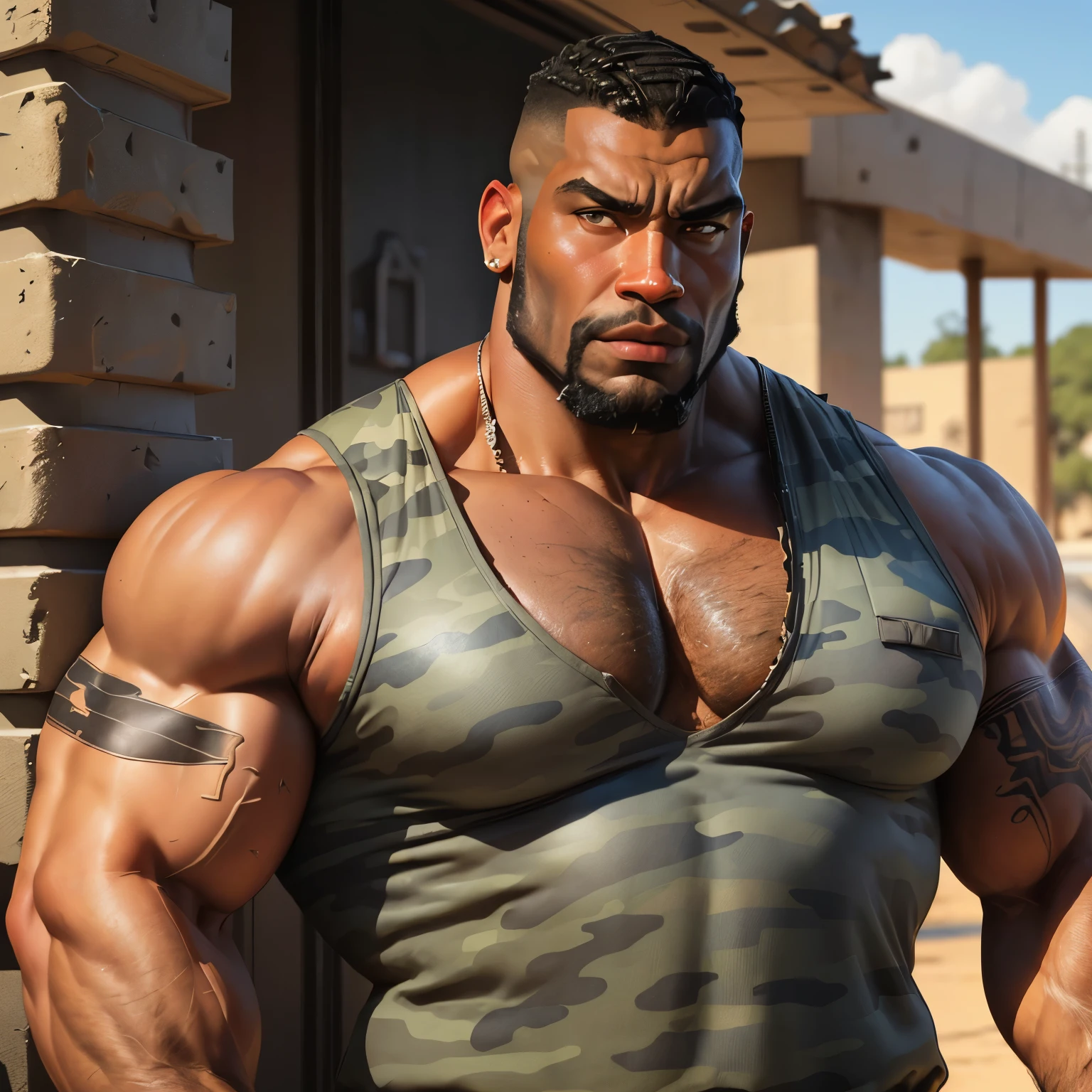 (masterpiece, intricately detailed, highest resolution, best quality:1.2),a cocky Gabriel Reyes male model,a 80 y.o muscle dad with a muscular physique sitting on a chair with black eyes,dark-skinned male, huge beard, mutton- chops, wearing chest harness, bracelets, necklace, jewelry, flaccid penis,saggy balls,hairy chest,vascular,muscle striations,soft light,fantastic realism,