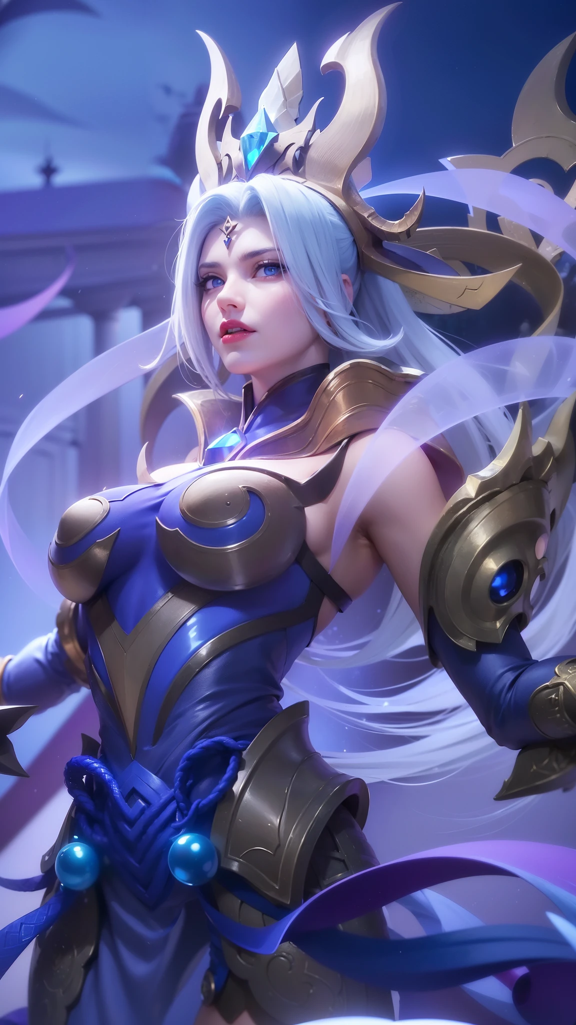 (female:1.2), 8k, ultra hd, ultra detailed texture, hyper realistic, masterpiece, detailed texture, detailed face, detailed skin, detailed lighting, (photorealistic:1.5), best quality, beautiful lighting, cinematic lighting, professional lighting, ultra highres, realistic, detailed hair, real hair, high quality, (realskin:1.5), extremely detailed, finely detail, ultra-detailed, 1girl, solo, elf, pointy ears, standing, demon horns, forehead protector, (blue eyes:1.5), v-shapped eyebrow, lips, red lips, evil smile, nose, make up, pretty, beautiful, long hair, white hair, high ponytail, large breasts, cleavage, armpit, navel, stomach, black armor, pauldrons, bare shoulders, shoulder armor, thigh high, sleevless, detached sleeves, breastplate, gauntlets, karina \(mobile legends\), depth of field, looking aways, white skin, skin tight, amazing pose, outdoors, glowing, dark view