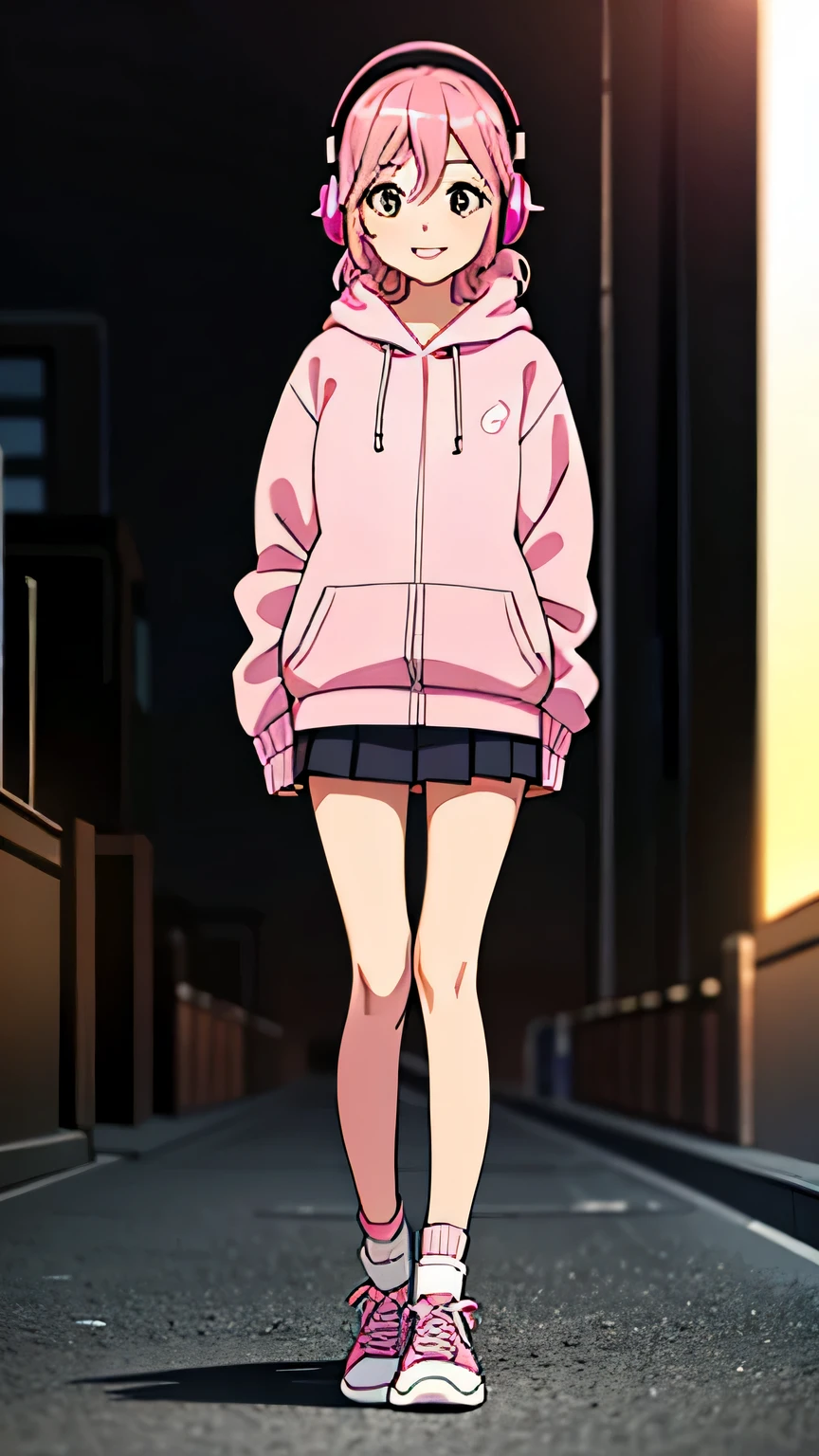 master piece, City Pop style, girl, Pink Hair, alone, wearing headphones, light smile,  full body, standing, simple background, no background