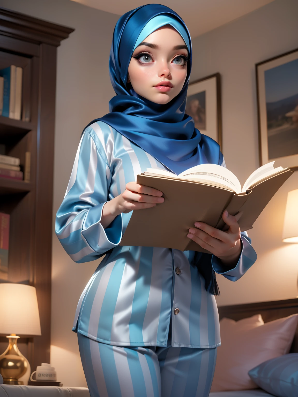 3DMM, ((Masterpiece, best quality, photography, detailed skin, realistic, photo-realistic, 8k, highly detailed, full length frame, High detail RAW color art, diffused soft lighting, shallow depth of field, sharp focus, hyperrealism, cinematic lighting, hijab, a woman in a beautifully makeup, smokey eyeshadow, beautiful big eyes, long eye lashes, wearing (Dark blue satin hijab), loosely tide hijab style, (gray satin stripes sewing pyjamas)), gray satin stripes long trousers, relaxing on sofa, bedroom, reading
