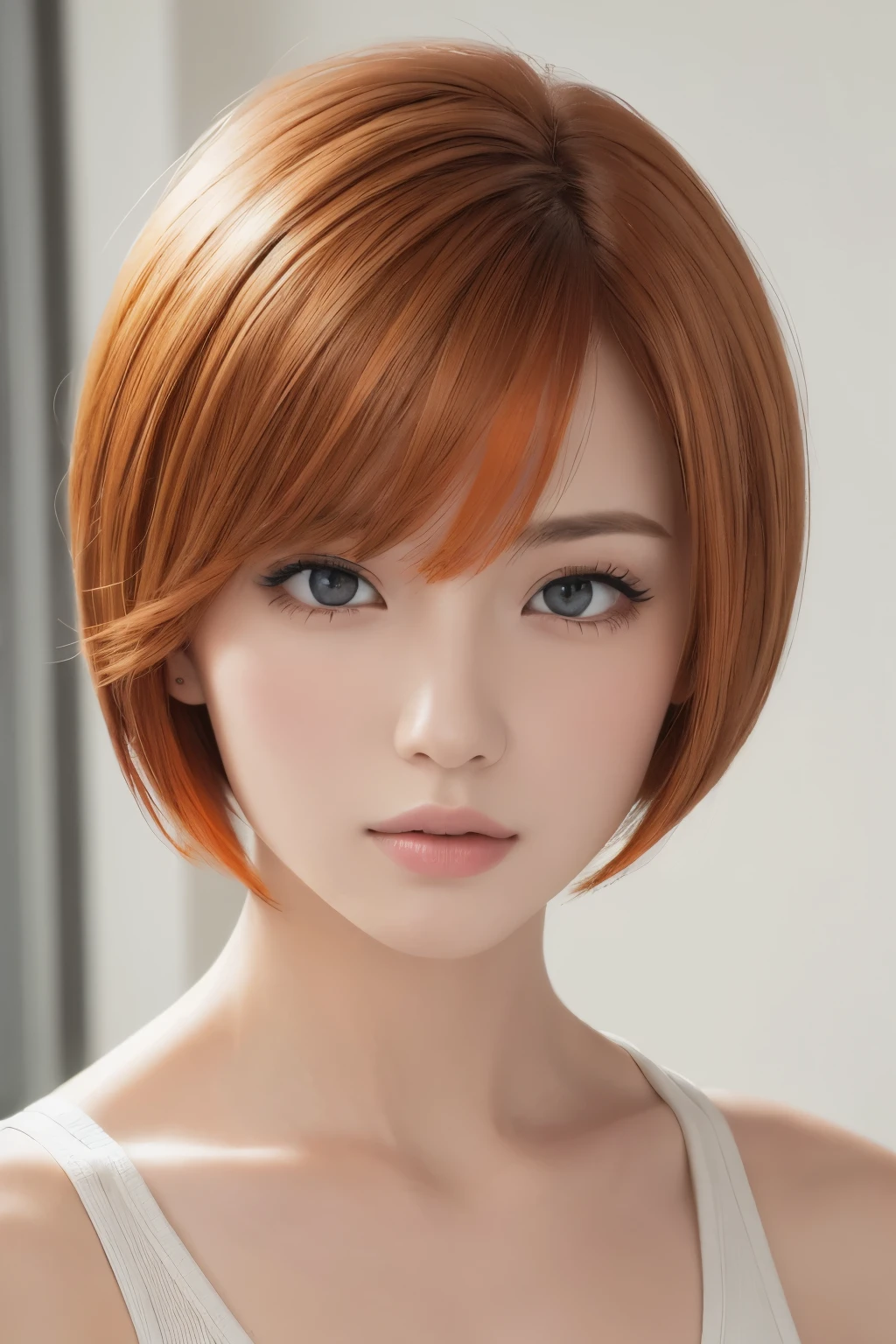 (Masseter muscle area:1.3)、(8k、Photorealistic、Raw photo、highest quality: 1.4)、(One Girl、Age 25)、Beautiful Face、(round face)、(Orange Brown、Short Bob Hair:1.3)、Beautiful hairstyle、Realistic eyes、Beautiful details、（real skin）、Beautiful skins、（Ren Hao）、Absurd、attractive、超A high resolution、Surreal、High Detail、Golden Ratio