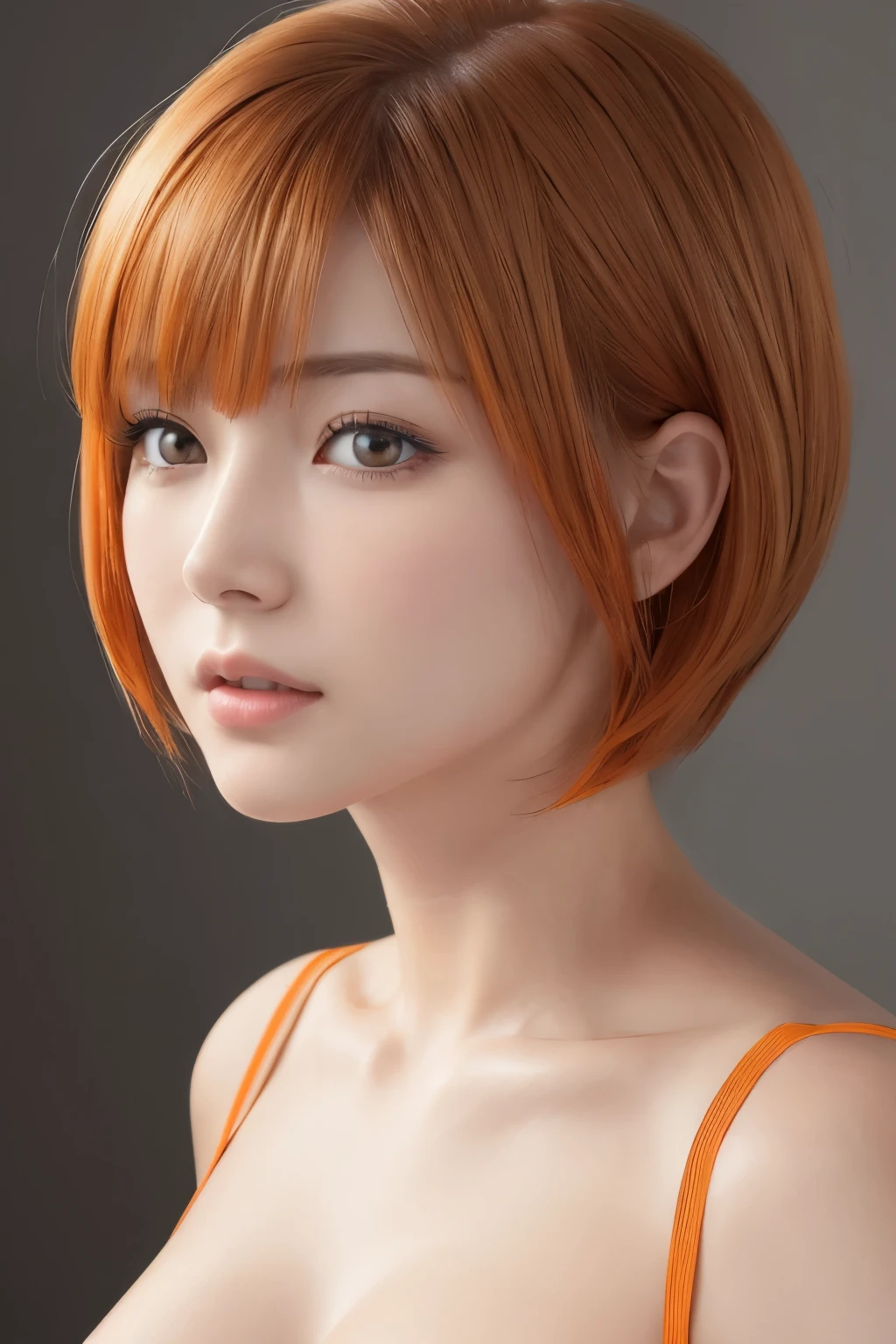 (Masseter muscle area:1.3)、(8k、Photorealistic、Raw photo、highest quality: 1.4)、(One Girl、Age 25)、Beautiful Face、(round face)、(Orange Brown、Short Bob Hair:1.3)、Beautiful hairstyle、Realistic eyes、Beautiful details、（real skin）、Beautiful skins、（Ren Hao）、Absurd、attractive、超A high resolution、Surreal、High Detail、Golden Ratio