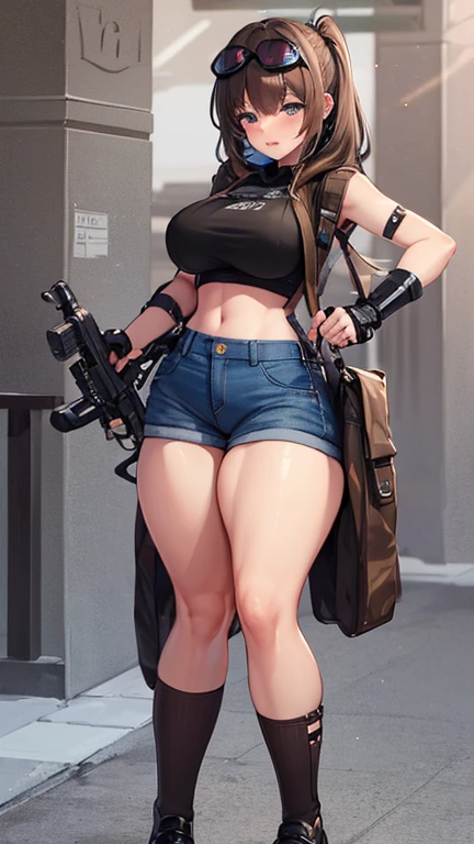 solo thick figure thick thighs size huge breast hard nipple size fat ass blue eyes tan skin girl short dark brown messy hair wear fingerless gloves wear short crop top hoodie wear short crop jean ripped wear holster wear black stocking tight outfit holding a rifle on hands wear tactical backpack wear tactical goggle on head 