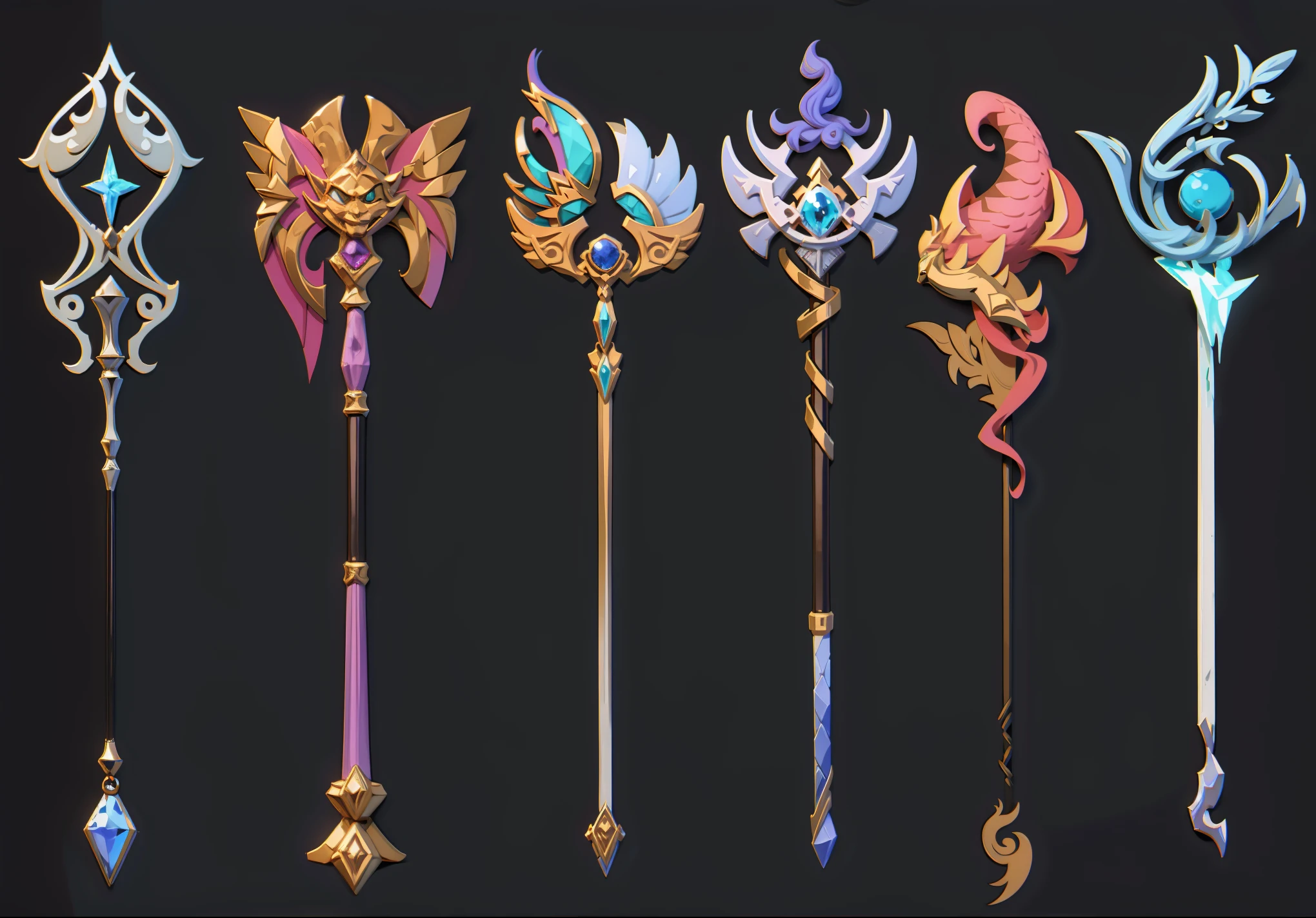 A set of different weapons with different colors and designs, magic wand, Weapon Concept Art, Fantasy RPG Weapon Art, World of Warcraft Blizzard Weapon Art, Dragon Staff, epic Fantasy weapons art, Weapon concept art, weaponry concept designs, Fantasy weapons, Hearthstone Weapon Art, weapon design, Dragon Staff, magic artifacs and magic weapons, wizard magic wand