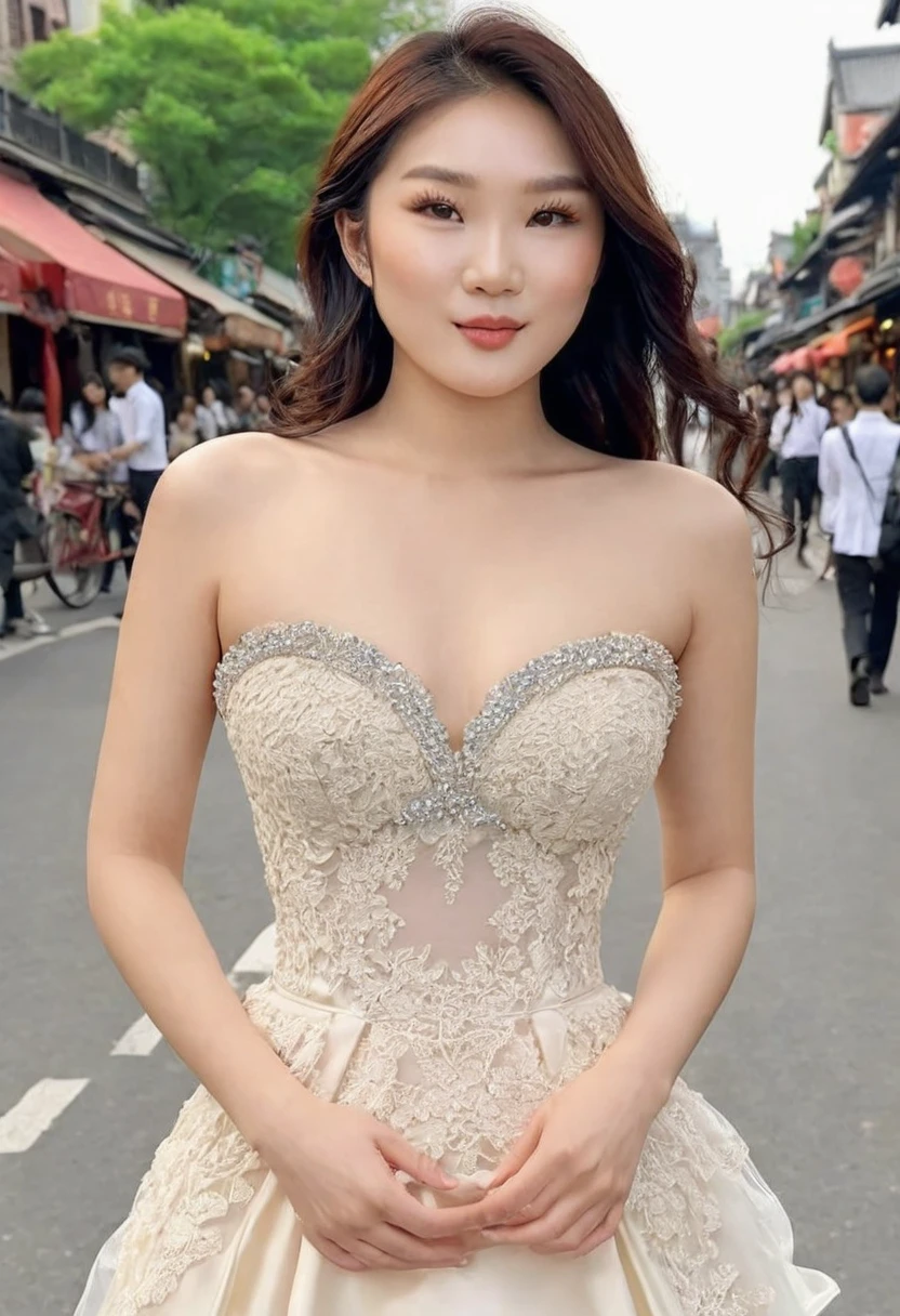 (high quality:1.5), (8k), (extremely detailed), (High detail:1.2), Solo, Asian female, (in street), (dress strapless),