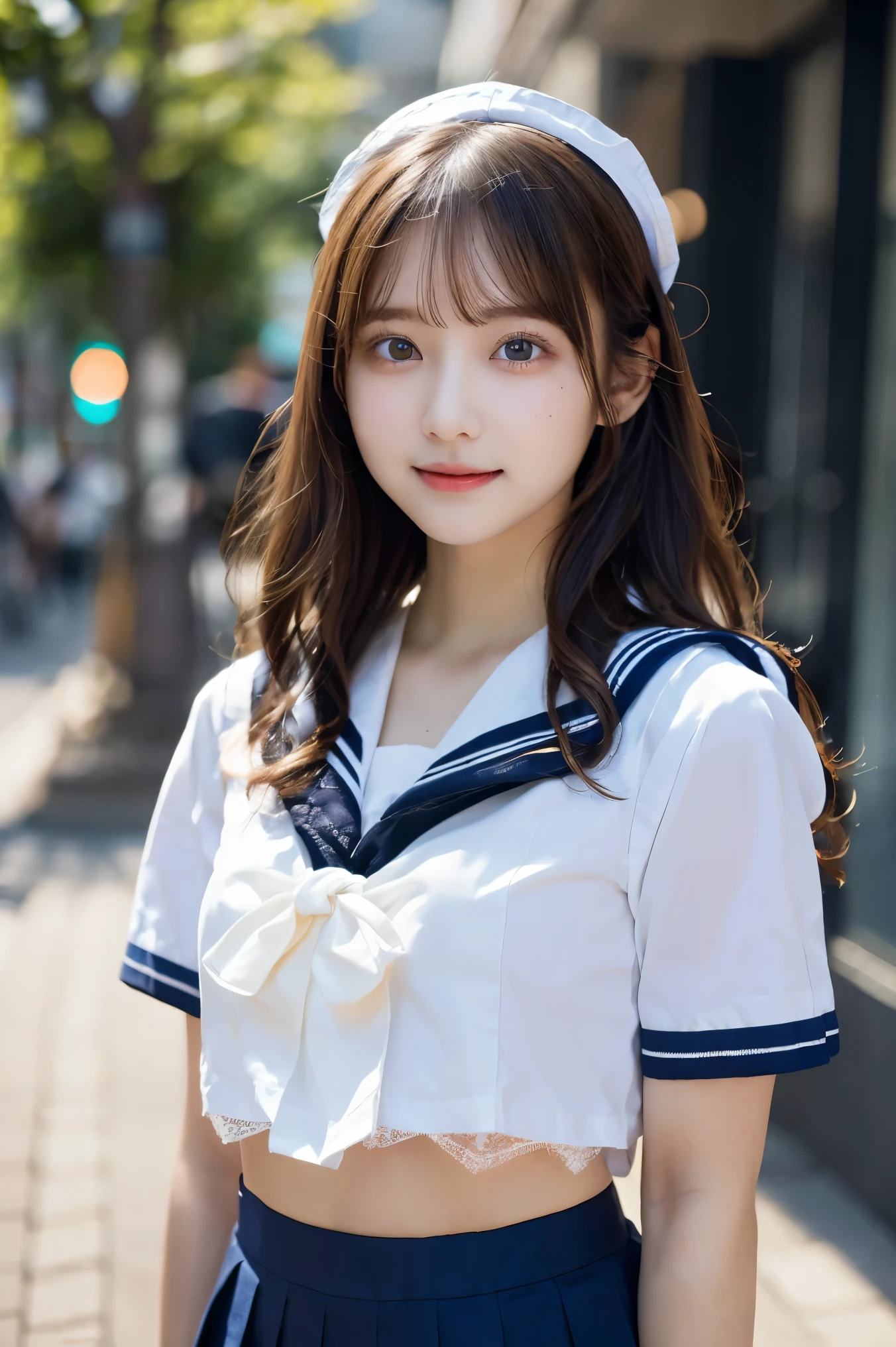 (masterpiece, highest quality:1.2), 8k, Official Art, RAW Photos, Unbelievably absurd, ( Sailor suit, serafuku:1.4), Stunningly beautiful girl, Amazingly cute face, (navy pleated skirt:1.1), close, , Short sleeve, Gardenia, Viola Lace, Teen, street, Look at your audience with a smile, No makeup, Film Grain, chromatic aberration, Sharp focus, Face Light, Dynamic Lighting, Cinema Lighting, Detailed eyes and face,short hair、(((white skin without moles)))、 Background blur、super slim thighs、((Sexy lace panties showing through、beautiful pussy line))、Twin tails:1.2,((((Very young looking girl:1.3))))、(very young and big breasted:1.2)